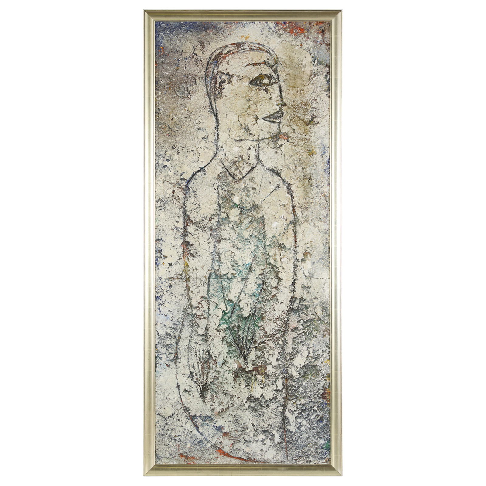 Large Jamali Fresco Tempera Portrait Painting: Jamali (Pakistani/American, b. 1944). Large mixed media fresco tempera on board portrait painting depicting a figure facing right. A lovely match to a similar work offered in this auction.Sight; heigh