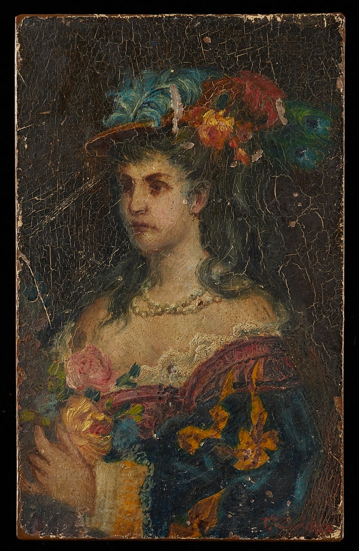 Mini Oil on Copper Portrait Painting: Miniature oil painting on copper depicting a portrait of a woman holding flowers. Signed illegibly along the lower right.Height: 4 1/2 in x width: 2 3/4 in.