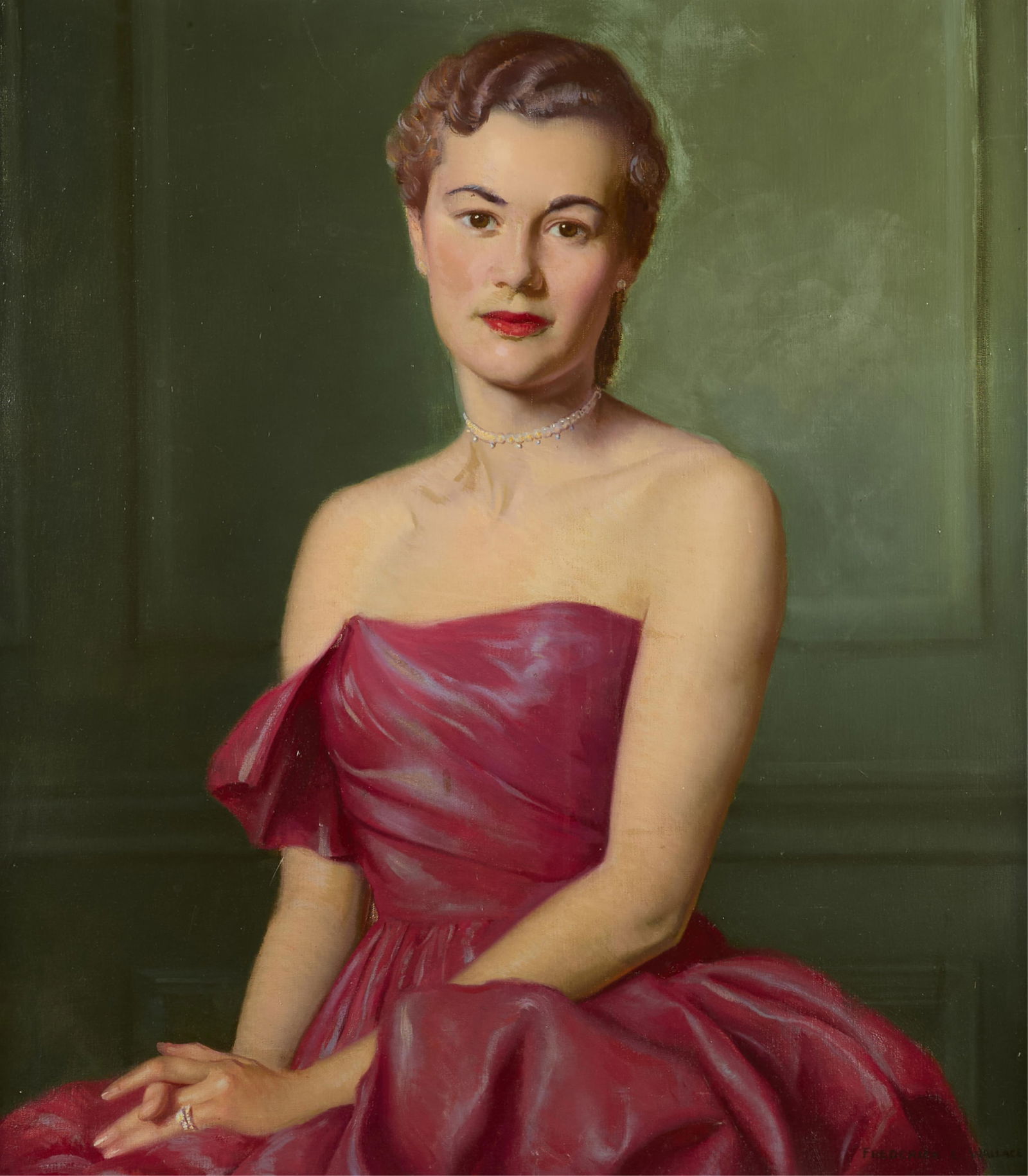 Fredrick Wallace Portrait Oil on Canvas Painting: Frederick Ellwood Wallace (American/French, 1893-1958). Oil on canvas portrait painting depicting an elegant woman in a red dress against an emerald green wall. Signed along the lower right.Provenance