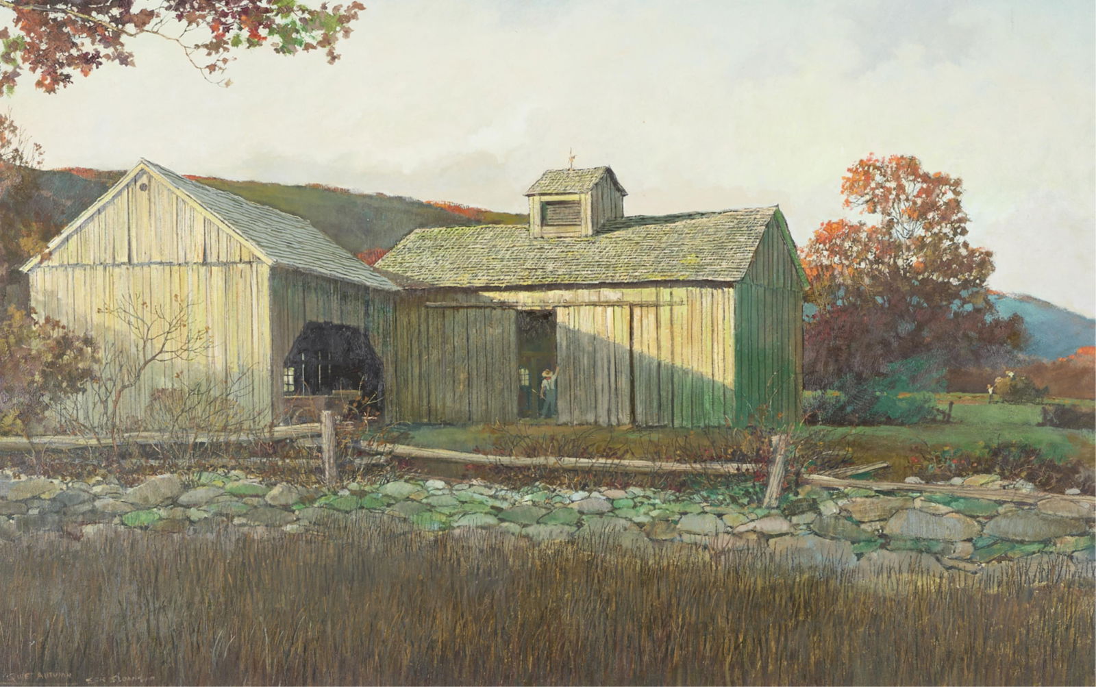Eric Sloane "Quiet Autumn" Landscape Painting: Eric Sloane (American, 1905-1985). Oil on board painting titled "Quiet Autumn" depicting a barn as the sun casts long shadows over the autumnal landscape. Signed and titled along the lower l