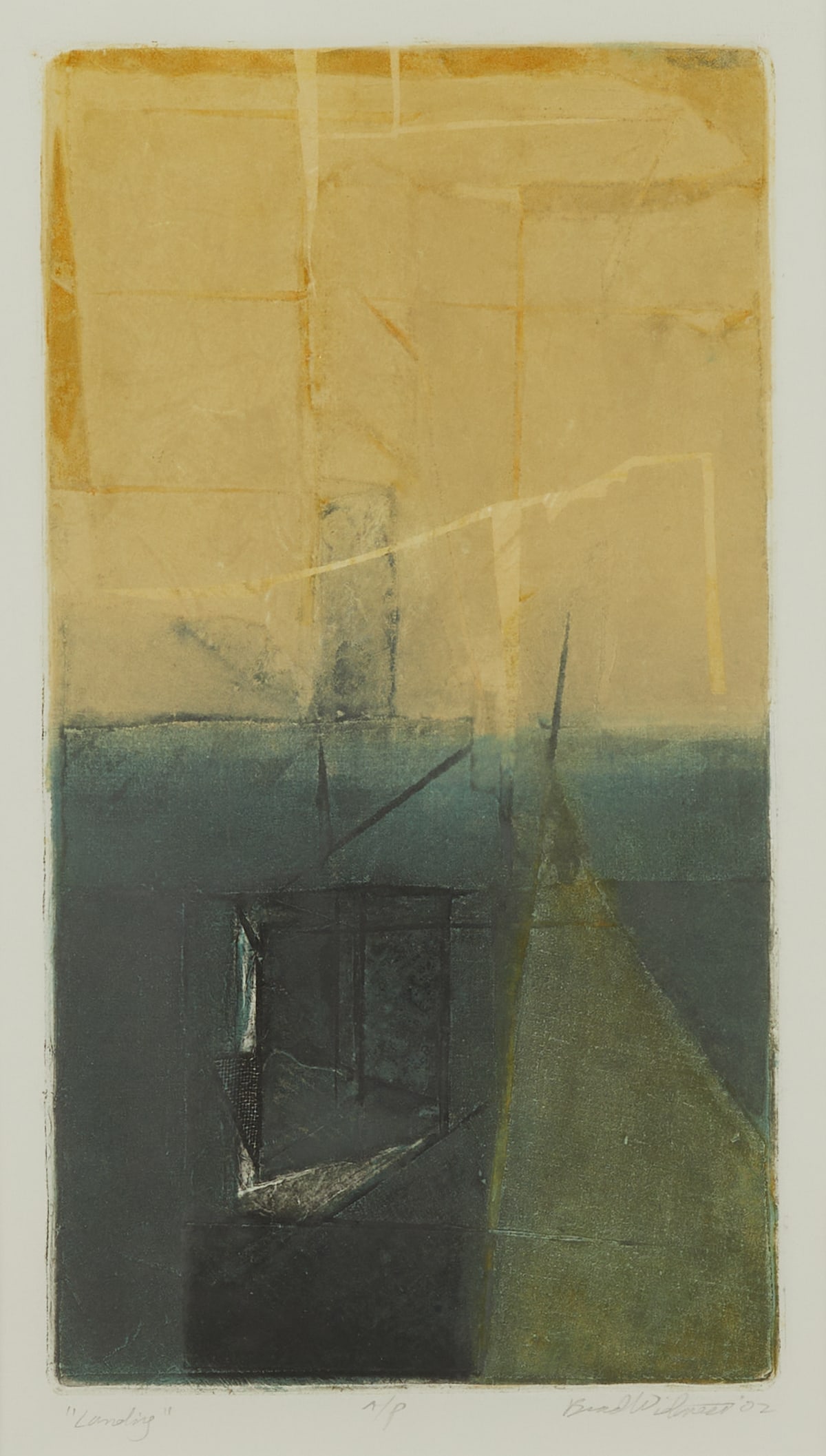 Brad Widness "Landing" Collagraph and Stencil: Brad Widness (American, 20th/21st c). Collagraph and stencil color on paper titled "Landing" depicting a scene of a ship coming into the port from a perspective of a person in the boat, 2002