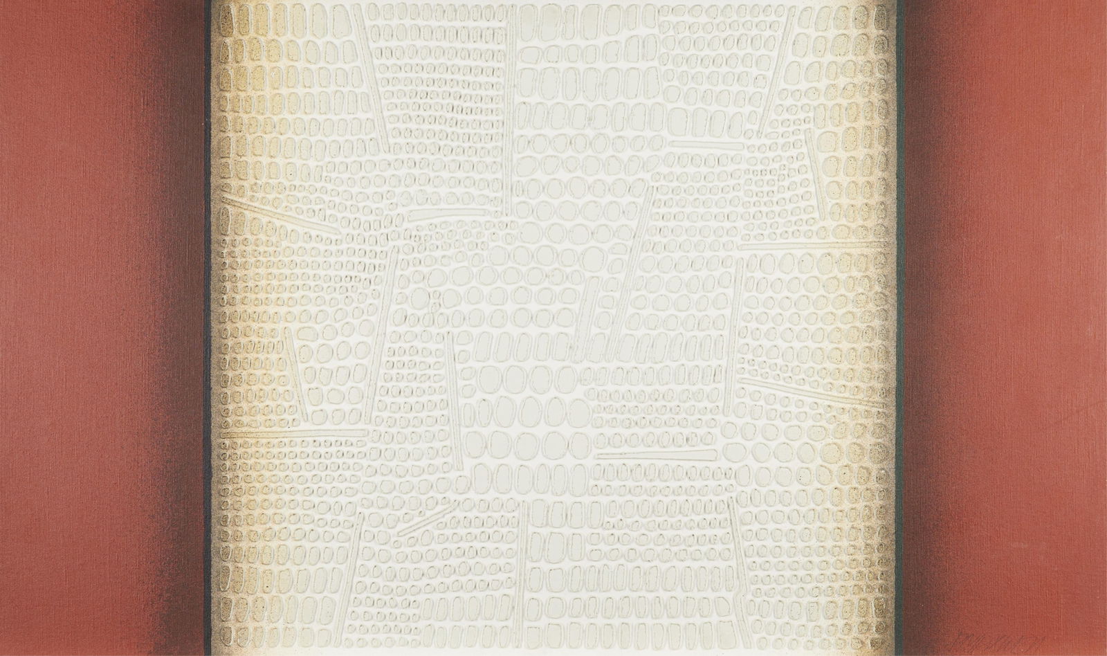 Paul Maxwell "#1019" Abstract Mixed Media: Paul Maxwell (American, 1925-2015). Mixed media on canvas-laid board titled "#1019" depicting a deeply textured white field flanked by a gradient of black to red, ca. 1970s. Pencil signed an