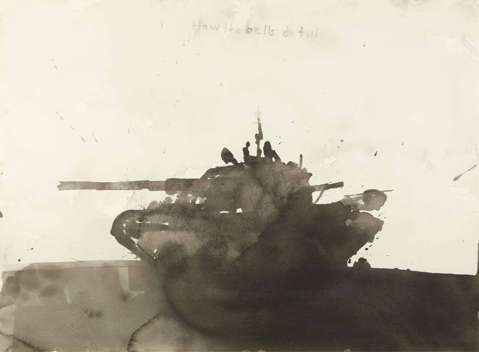 David Rathman "How the Bells do Toll" Painting: David Rathman (American, b. 1958). Ink or watercolor on paper titled "How the Bells do Toll" depicting a silhouette of a tank, 2010. Titled along the upper center.Provenance: Larissa Goldsto