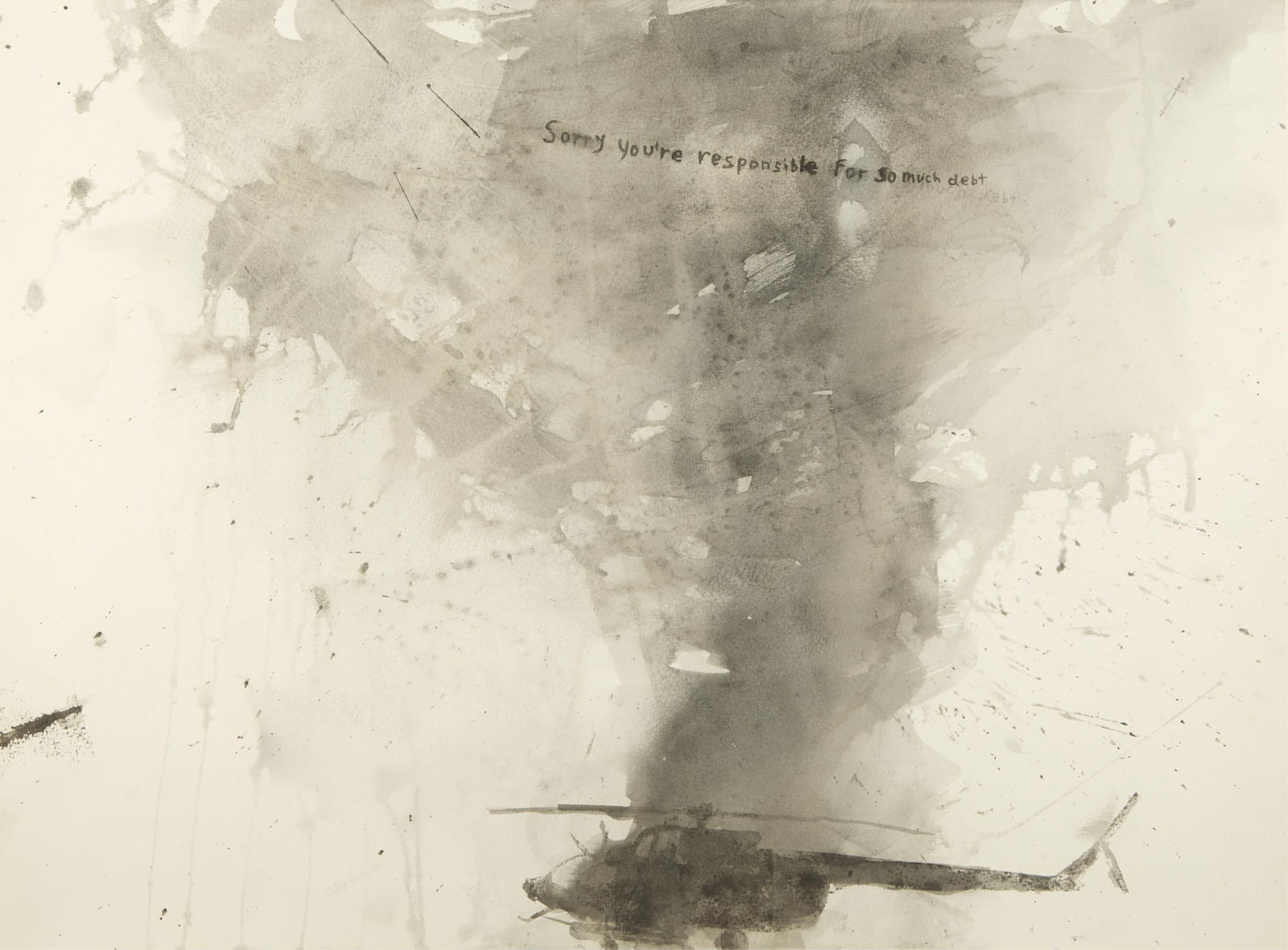 David Rathman "Sorry You're Responsible" Painting: David Rathman (American, b. 1958). Ink or watercolor on paper titled "Sorry You're Responsible for so Much Debt" depicting a silhouette of a helicopter, 2010. Titled along the upper center.P