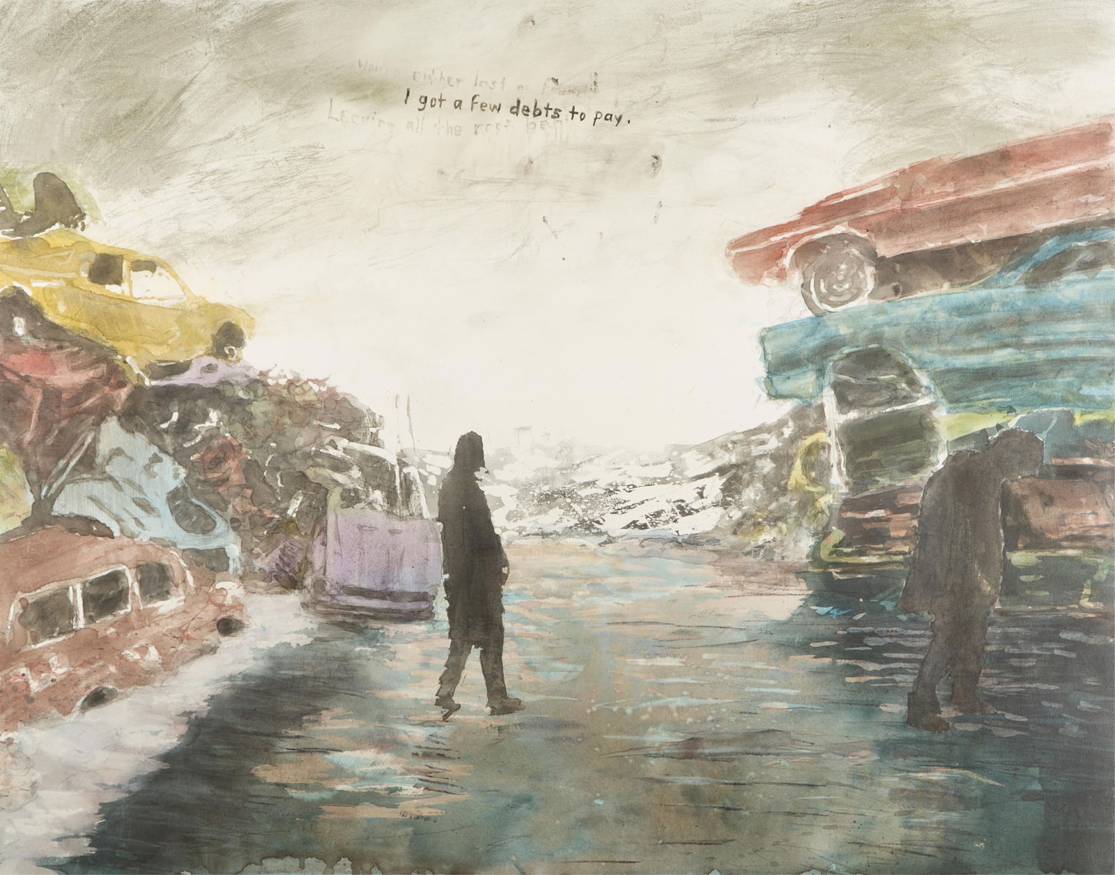 David Rathman "A Few Debts to Pay" Painting 2014: David Rathman (American, b. 1958). Ink and watercolor on canvas painting titled "I've Got a Few Debts to Pay" depicting two shadowy figures walking through a car-filled scrapyard, 2014. Sign