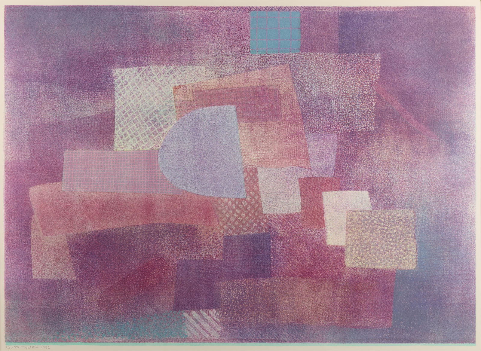 Robert Natkin Lithograph 1986: Robert Natkin (American, 1930-2010). Lithograph on paper depicting overlapping abstract forms in pastels of purple, pink, and blue, 1986. Pencil signed, dated, and numbered 52/90 along the lower left.
