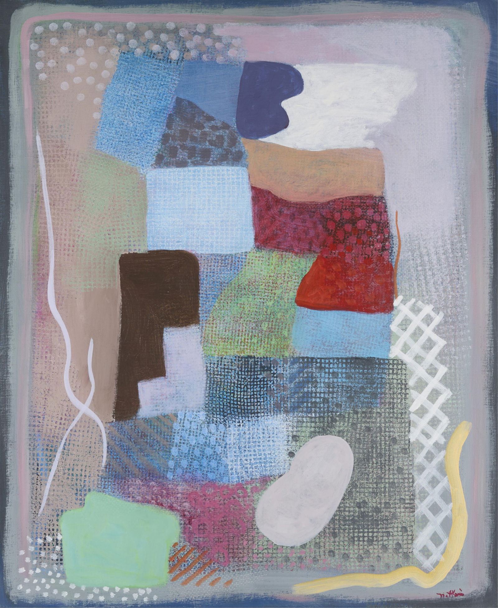 Robert Natkin Abstract Painting: Robert Natkin (American, 1930-2010). Acrylic on canvas painting depicting the artist's signature abstract style in cool grays with pops of bright yellow, blue, green, and red. Signed along the lower r