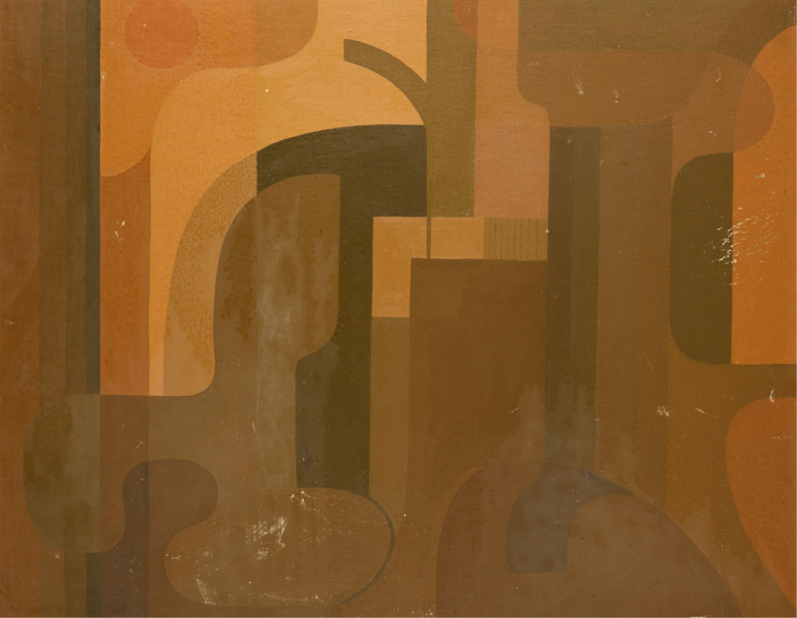 Hilaire Hiler "Moroccan Colors" Abstract Painting: Hilaire Harzberg Hiler (American, 1898-1966). Oil on masonite painting titled "Moroccan Colors" depicting an abstract composition in oranges and browns. Signed faintly along the lower right; further s