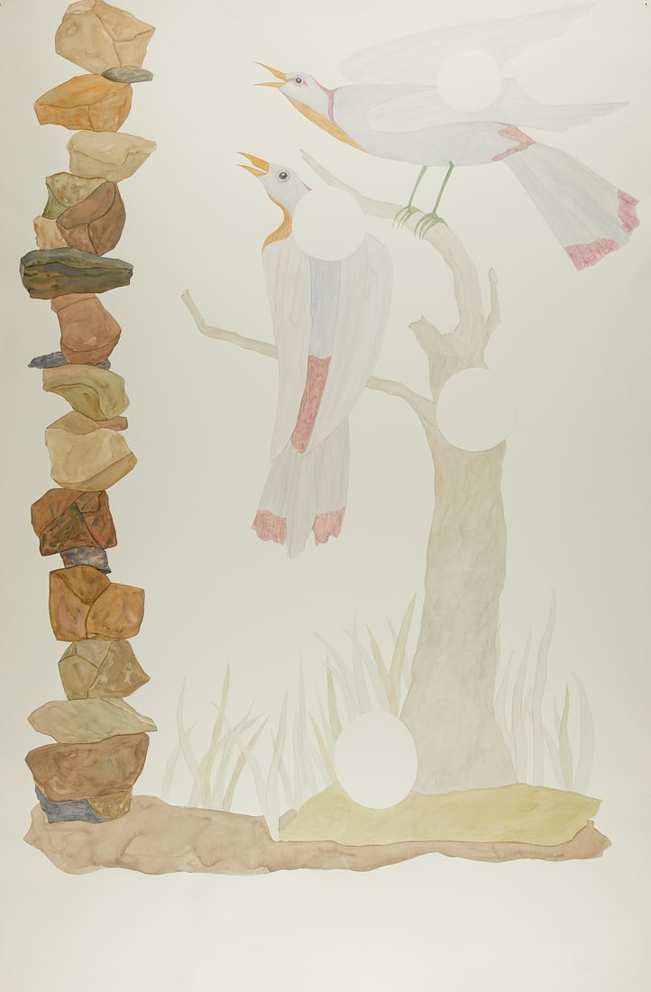 Ed Baynard "2 Birds With Rocks" Watercolor 2005: Ed Baynard (American, 1940-2016). Large watercolor on paper painting titled "2 Birds with Rocks" depicting two white birds perched on a branch with a pile of precariously stacked stones, 200