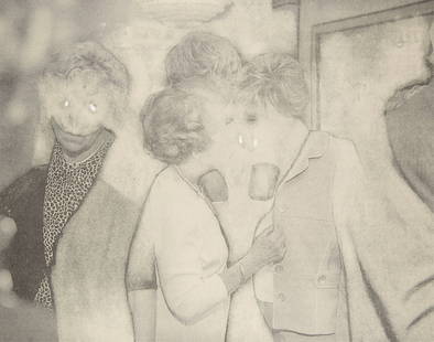 Christian Holstad "Gossip Girls" Print 2013: Christian Holstad (American, b. 1972). Pigment on newsprint with hand-embellishing titled "Gossip Girls" depicting feminine figures, their heads close together, 2013. Signed along a card alo