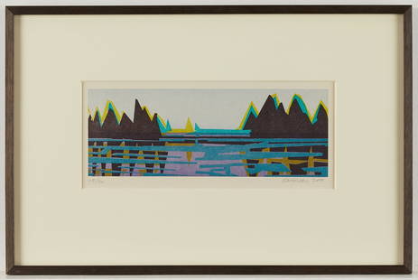 Suzanne Caporael "Ensign" Woodcut 2009: Suzanne Caporael (American, b. 1949). Woodcut on paper titled "Ensign" depicting a landscape of a mountainous waterfront, 2009. Pencil signed and dated along the lower right; numbered 28/30