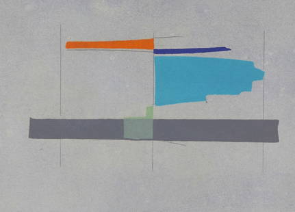 Suzanne Caporael "Sapelo Island" Lithograph 2003: Suzanne Caporael (American, b. 1949). Lithograph with hand painting on paper titled "Sapelo Island Creek, Georgia" depicting a geometric scene with orange and blue squares, 2003. Pencil sign