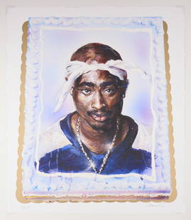 Patrick Martinez Tupac Shakur Lithograph 2015: Patrick Martinez (American, b. 1980). Color lithograph reproducing an image of a ceramic 'sheet cake' but the artist titled "happy birthday makaveli (Tupac Shakur)" from the 2013 series &quo