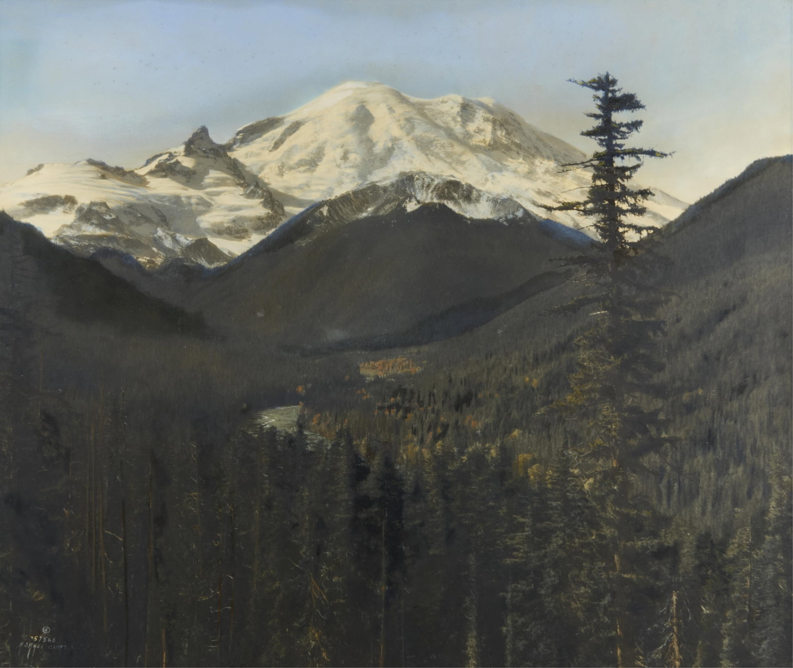 Asahel Curtis Mt. Rainier Tinted Photograph: Asahel Curtis (American, 1874-1941). Hand-tinted photograph depicting a view of Mt. Rainier, numbered 57566. Signed and numbered in negative along the lower left. Provenance: From the Estate of Christ