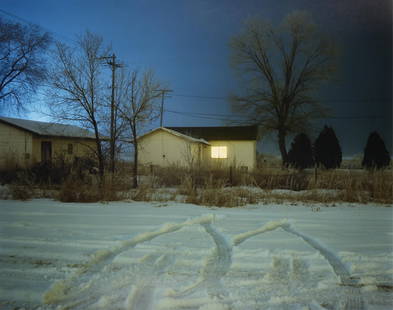 Todd Hido House Hunting #4124 Photograph 2010: Todd Hido (American, b. 1968). Chromogenic print depicting a house at nightfall. Tire tracks lead up to and then back away from the house in the snow. The scene is dramatically lit with a singular win