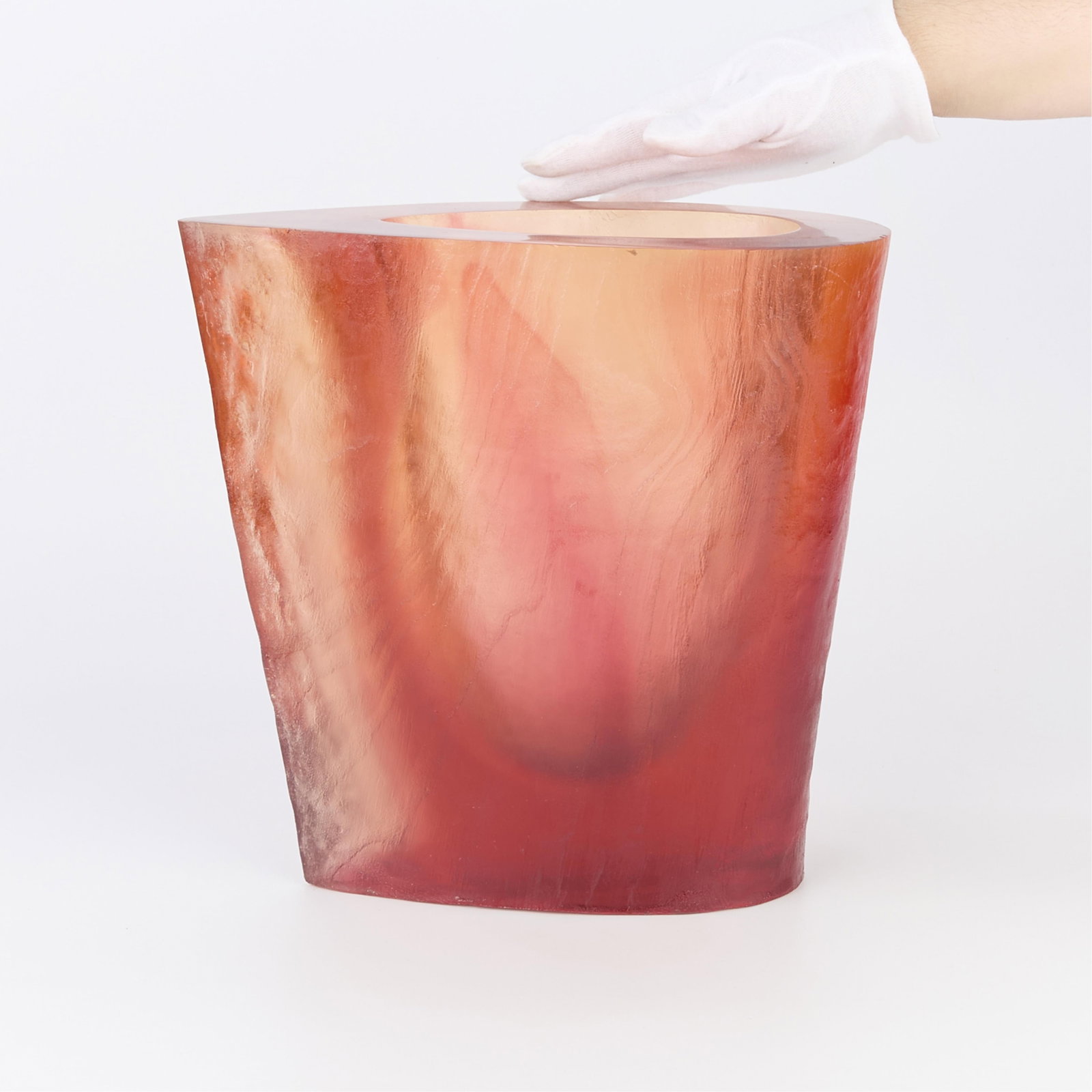 Terry Balle Acrylic Resin Optical Vase: Terry Balle (American, 20th century). Large acrylic resin optical sculptural vase. With a rugged, tree bark-like texture along the exterior. Signature carved along the underside. Height: 11 1/2 in x w