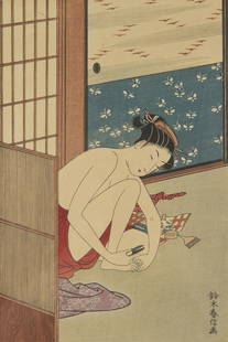 Suzuki Harunobu Nail Clipping Woodblock Print: Suzuki Harunobu (Japanese, 1724-1770). Woodblock print on paper depicting a half-dressed woman clipping her toenails. Likely a later reprint. Signed in plate along the lower right.Sight; height: 14 in
