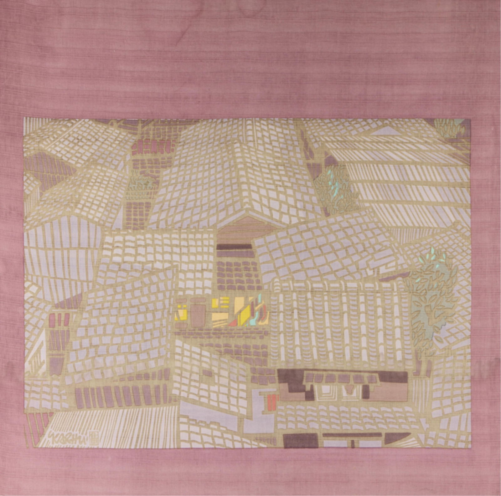 Clifton Karhu Woodblock Print on Fabric: Clifton Karhu (American/Japanese, 1927-2007). Woodblock print on fabric depicting an aerial view of a village. Signed in print along the lower left.Height: 35 in x width: 35 in x depth: 1/2 in.
