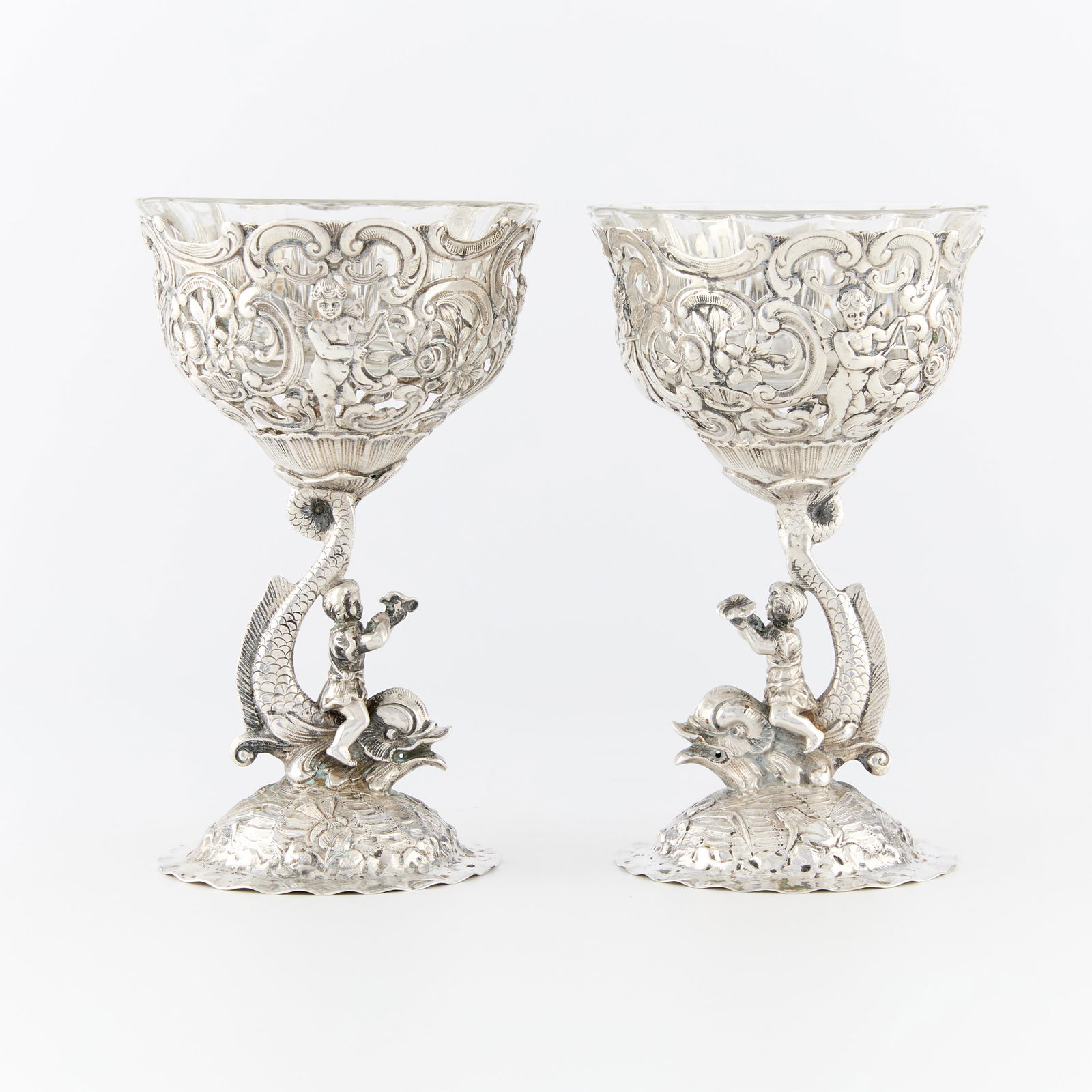 Pair Hanau Silver Dolphin Goblets 403.5 g (1 of 11)