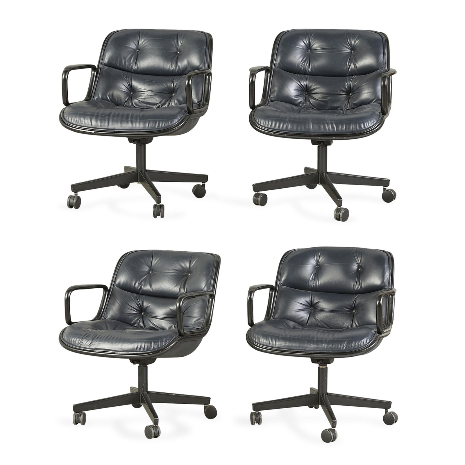 4 MCM Pollock for Knoll Executive Office Chairs: Charles Pollock (American, 1930-2013) for Knoll, United States. Set of four mid-century modern Pollock "Executive" model office chairs. With volo navy leather tufted seats, phenolic plastic