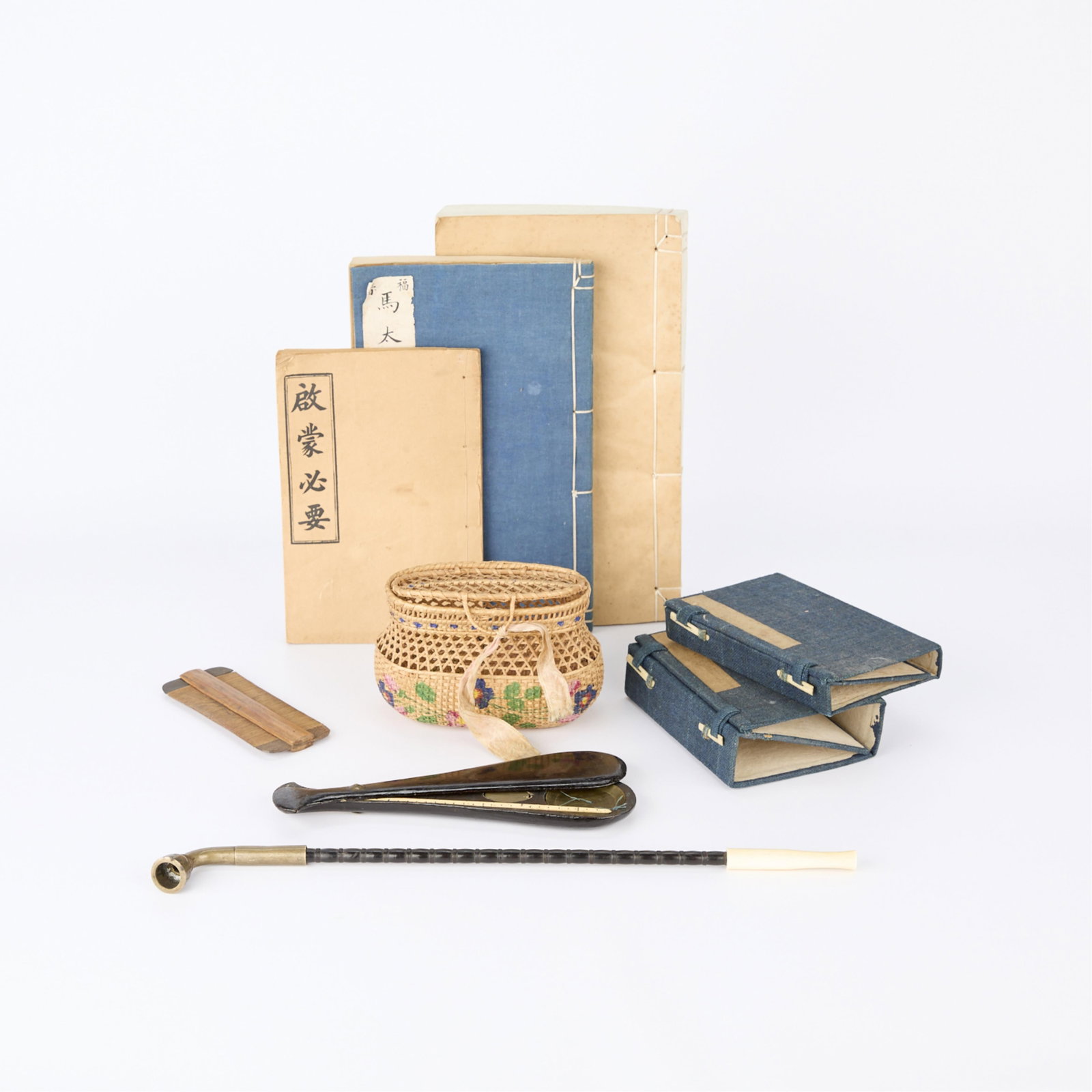 Group of 19th c. Chinese Missionary Ephemera: Group of nine pieces of ephemera and archival objects once belonging to Augustus Ward Loomis (American, 1816-1891), 19th century. This lot contains two folding boxes, one woven basket, a hair comb, pi