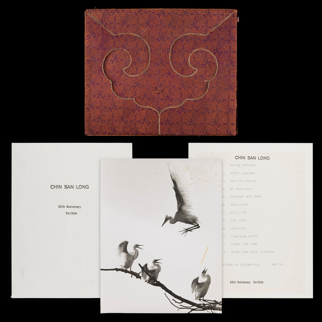 Chin San Long Portfolio Ephemera & Photo: Ephemera related to the Chin San Long 89th Anniversary Portfolio. Silk-bound portfolio cover and front pages. Also included is a gelatin silver print photograph in the manner of Chin San Long by C.T. 