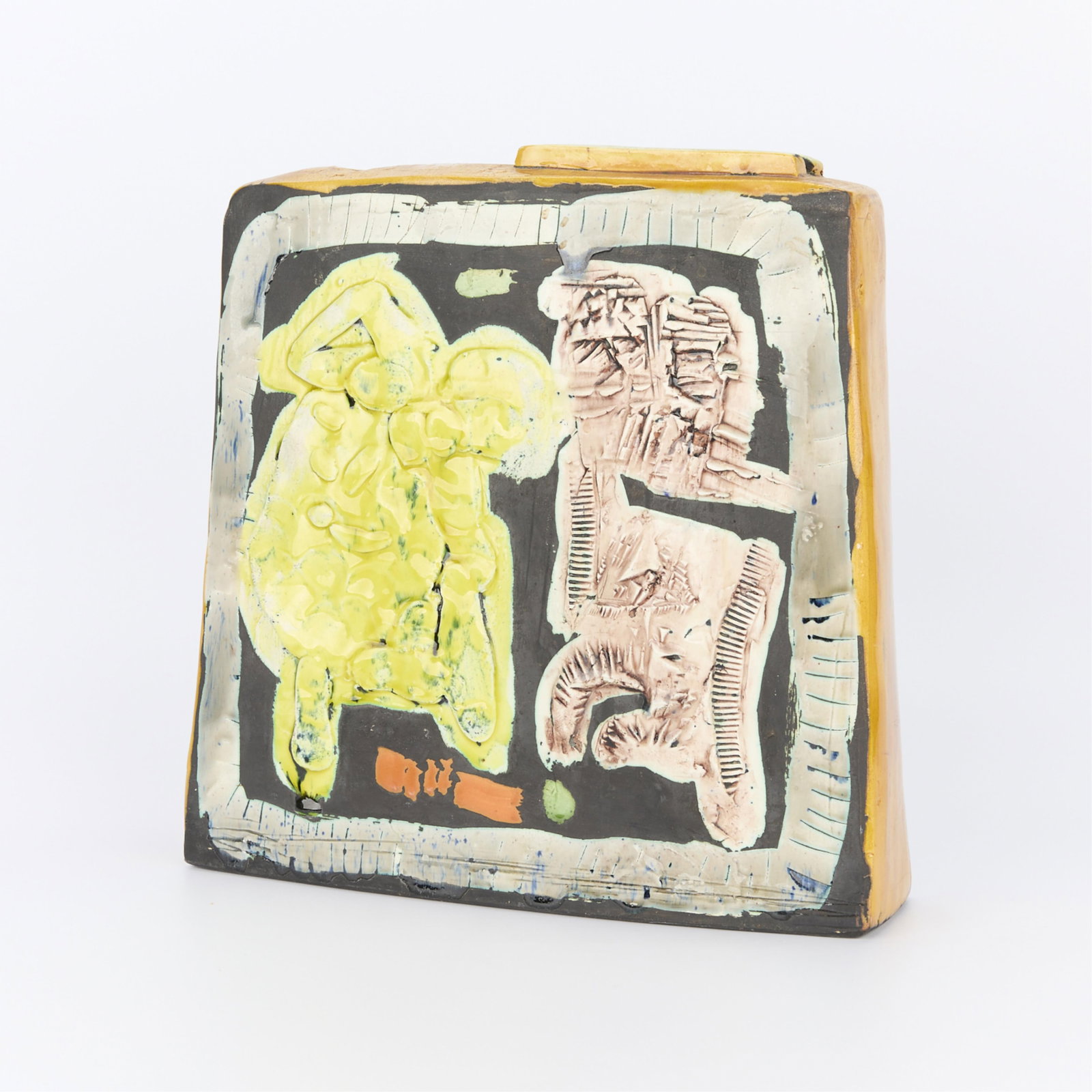 20th c. Gilbert Portanier Abstract Square Ceramic Vase: Gilbert Portanier (French, 1926-1923). Large square form sculptural ceramic vase depicting impressive designs of abstract shapes and patterns in relief along the exterior, ca. 1950. Incised signature