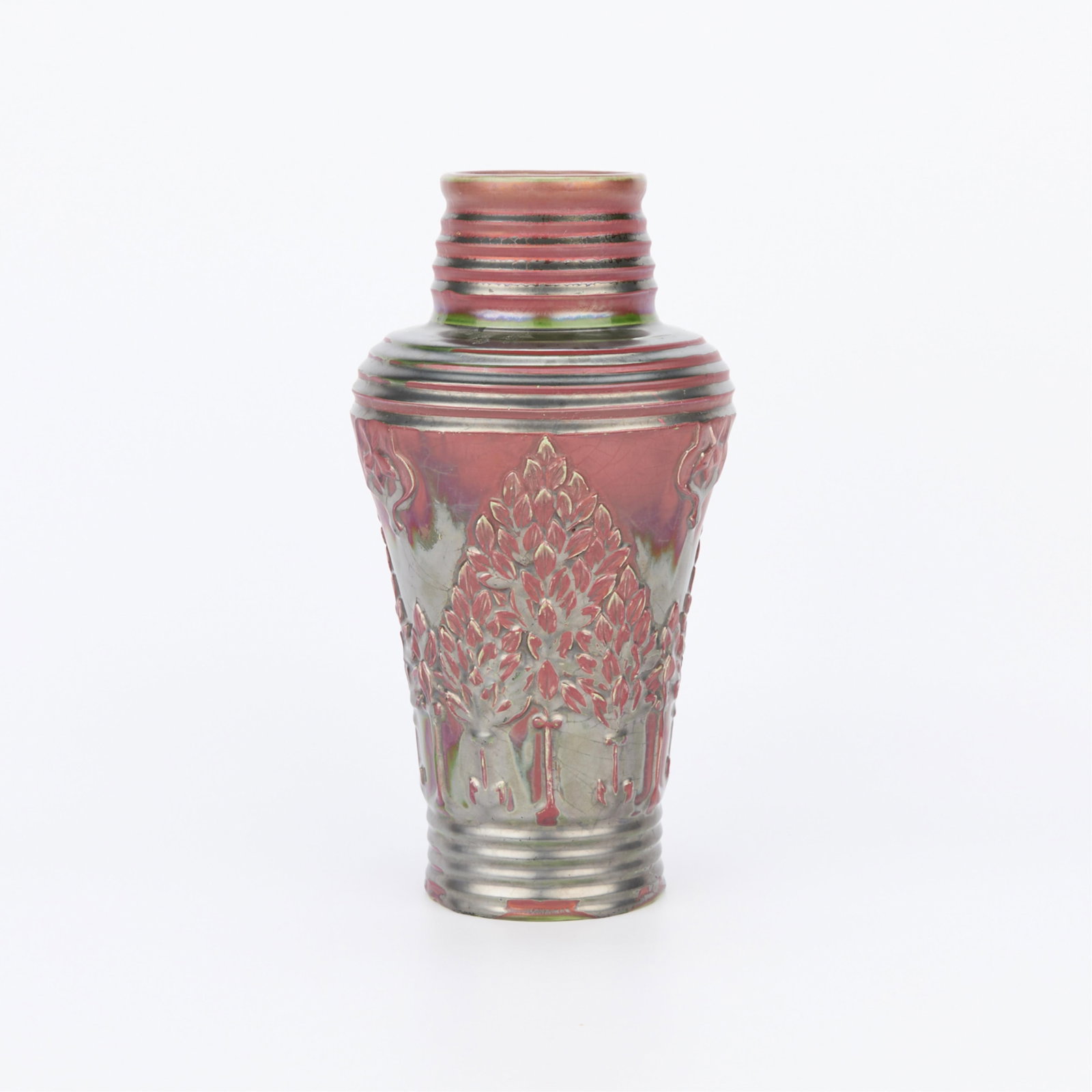 Svensson for Hoganas Ceramic Arboreal Nouveau Vase: Karl Svensson (Swedish, 20th c.) for Hoganas Keramik, Sweden. Large and striking Art Nouveau style ceramic vase depicting an arboreal forest scene in relief along the exterior, 20th century. Stoneware