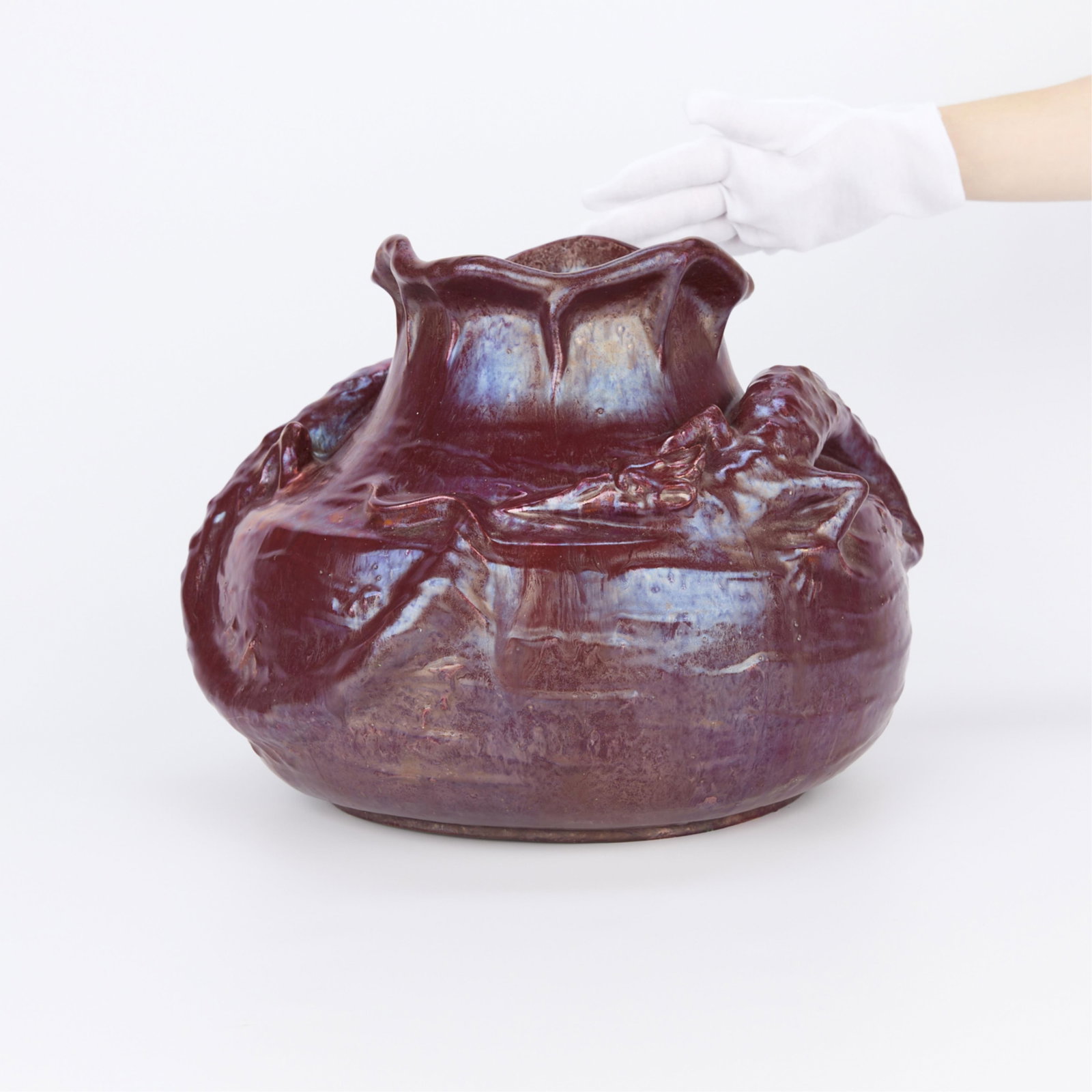 Lrg Svensson for Hoganas Ceramic Art Nouveau Vase: Karl Svensson (Swedish, 20th c.) for Hoganas Keramik, Sweden. Large studio ceramic Art Nouveau style sculptural vase depicting lizards or amphibious sea creatures along the exterior in relief, 20th ce