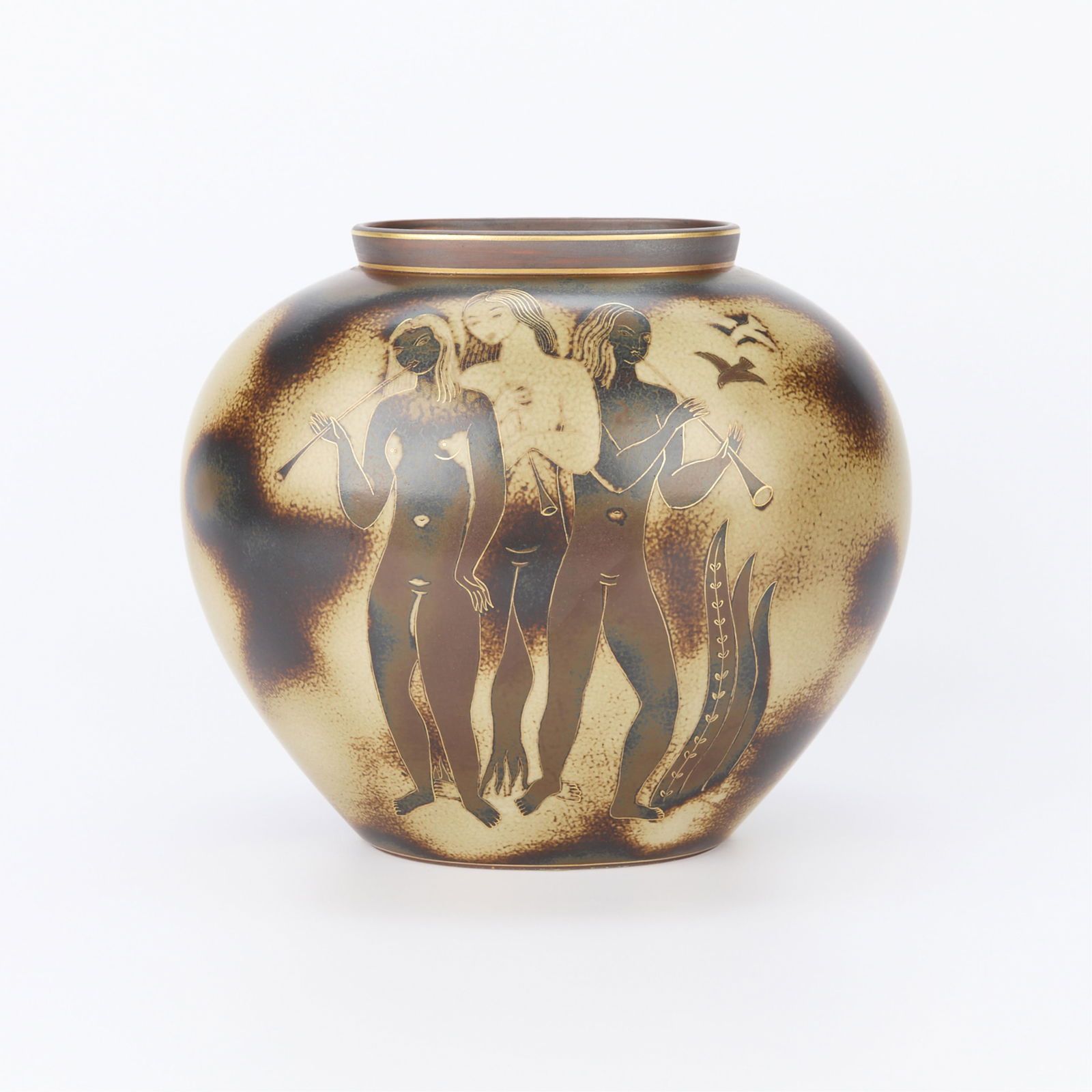 Nylund for Rorstrand "3 Graces" Ceramic Flambe Urn: Gunnar Nylund (Swedish, 1904-1997) for Rorstrand, Sweden. Unique Art Deco ceramic urn vase vessel, ca. 1930s. Decorated by Dahl in the tradition of the "Three Graces", this "unik"