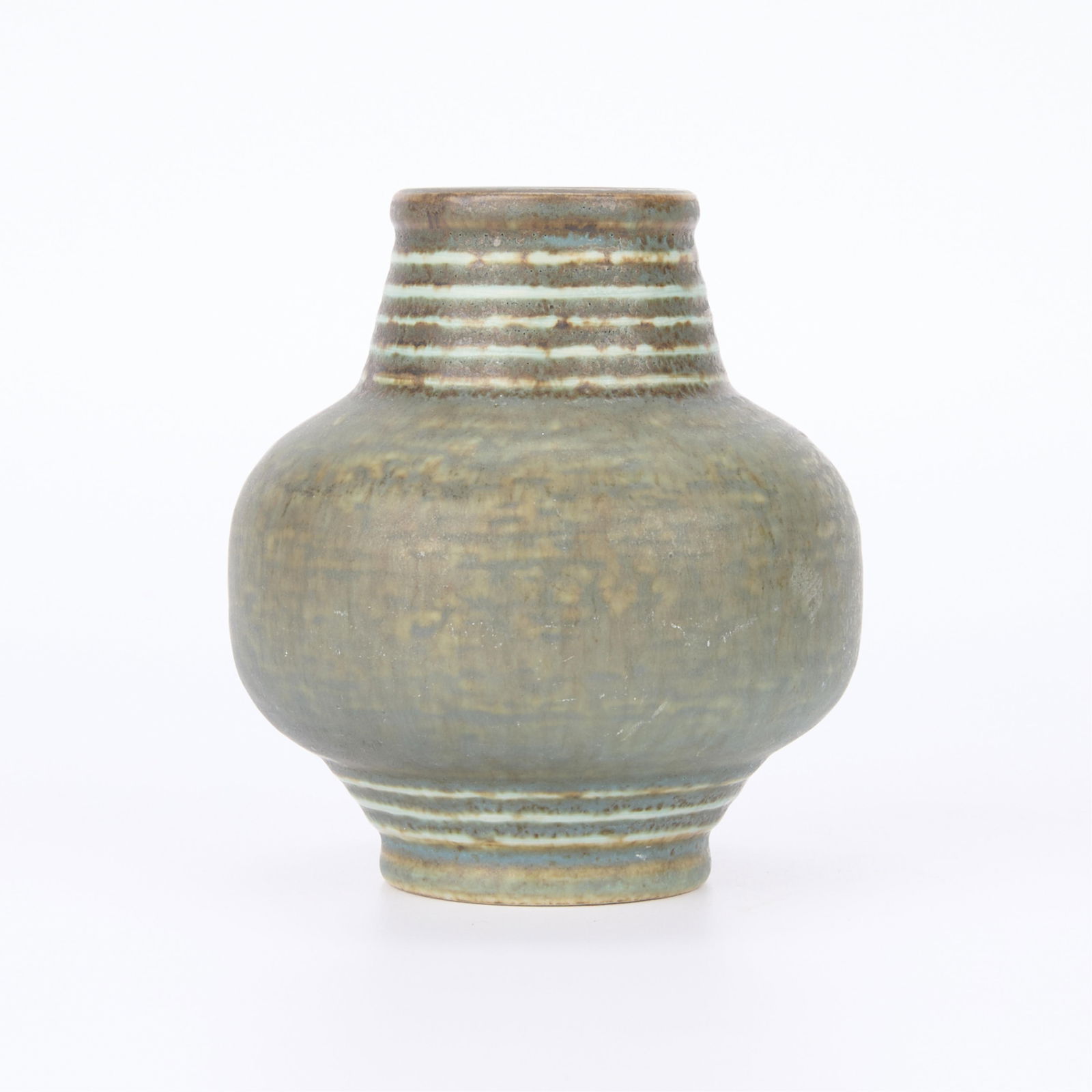 Nylund for Rorstrand Ceramic "Igloo" Vase 1965: Gunnar Nylund (Swedish, 1904-1997) for Rorstrand, Sweden. Small ceramic "Igloo" vase of a robust and rotund form with a ribbed recessed neck and footrim, 1965. Stoneware with a mottled teal-