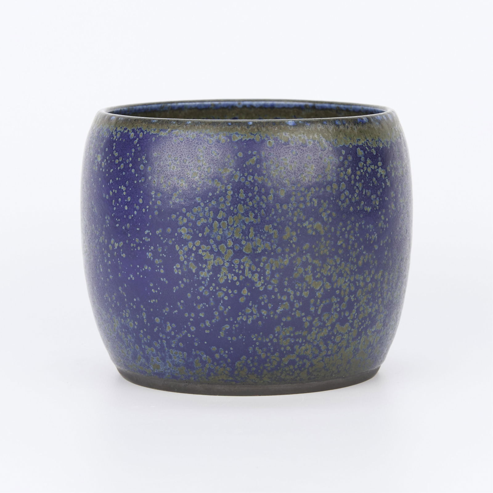 Stalhane for Rorstand Small Ceramic Vase ca. 1950s: Carl-Harry Stalhane (Swedish, 1920-1990) for Rorstrand, Sweden. Very unusual and unique small stoneware ceramic bowl or vase with a speckled blue and faintly green matte glaze, ca. 1950s. Impressed fi