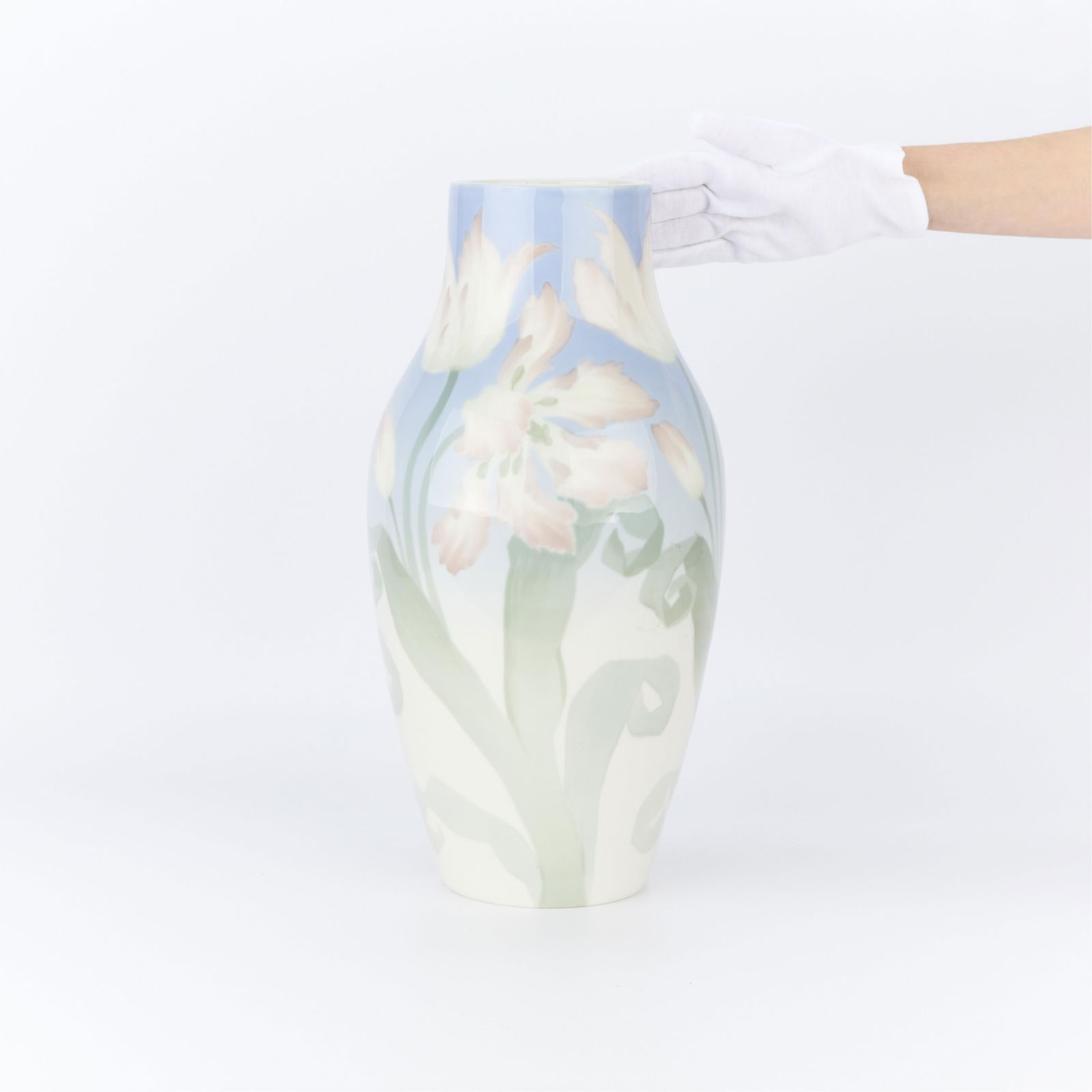 Lrg Lundstrom for Rorstrand Porcelain Floral Vase: Nils Emil Lundstrom (Swedish, 1865-1960) for Rorstrand, Sweden. Large Art Nouveau porcelain baluster vase depicting blooming pale white and pink flowers along the exterior against a soft blue gradient