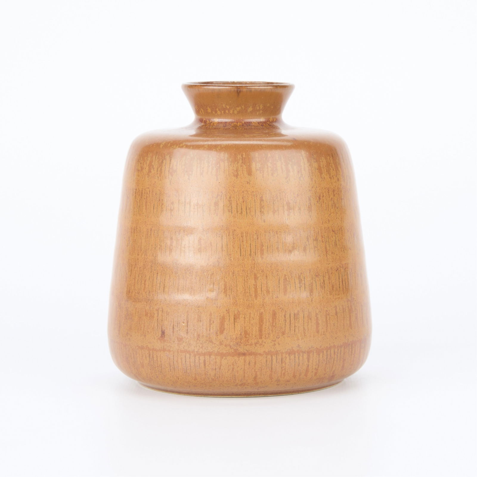 Eva Staehr-Nielsen for Saxbo #35 Ceramic Vase: Eva Staehr-Nielsen (Danish, 1911-1976) for Saxbo, Denmark. Ceramic model no. 35 vase of a rounded, cylindrical form with a recessed neck, flared rim, and a delicate, faintly ribbed exterior, ca. early