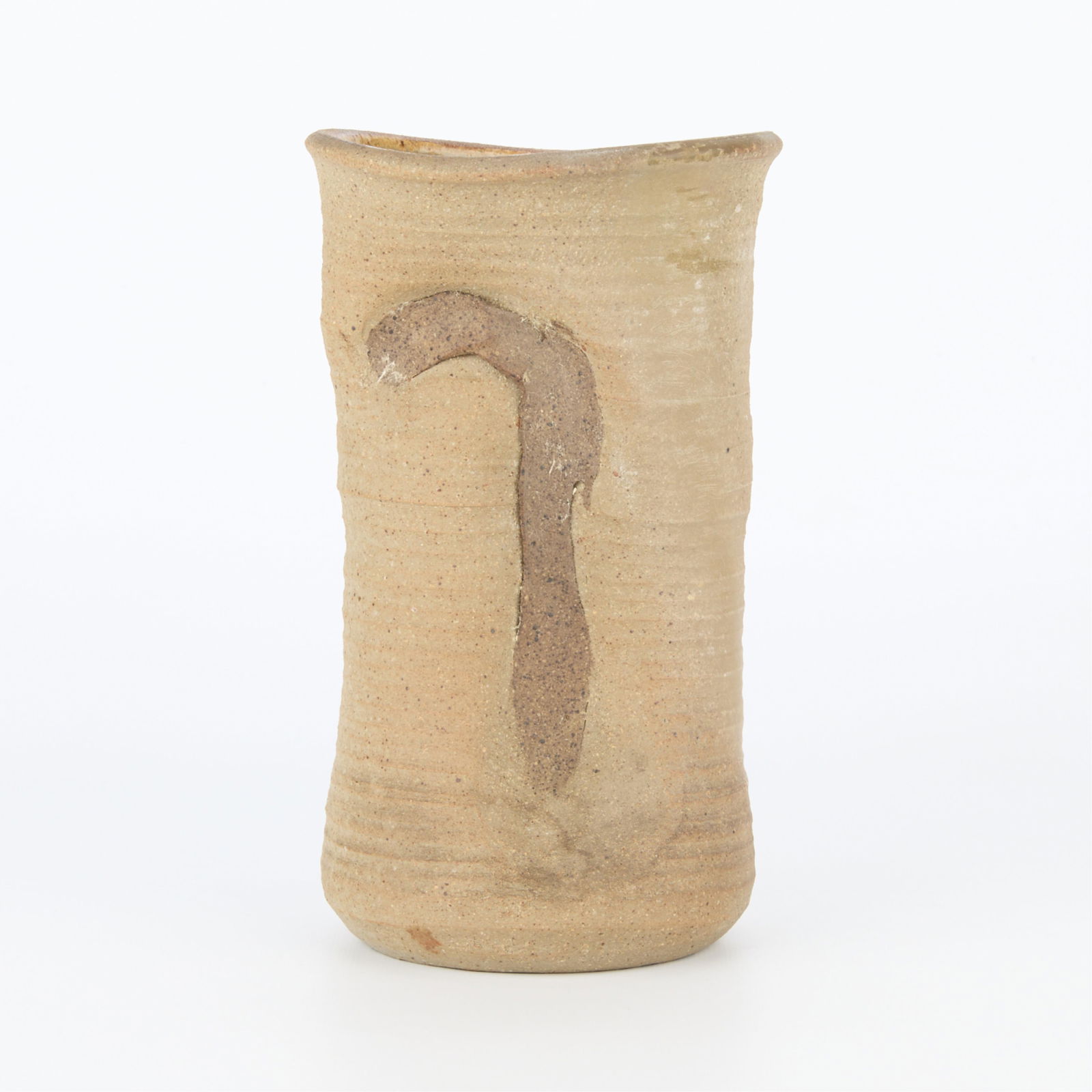 20th c. Karen Karnes Studio Ceramic Folded Vase: Karen Karnes (American, 1925-2016). Tall stoneware studio ceramic pottery vase with iron-rich clay impressed into the sides with a finger mark depression, 20th century. Of a shapely, dynamic folded fo