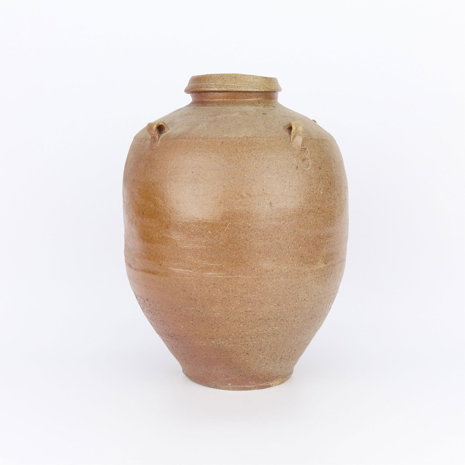 Randy Johnston Studio Ceramic Storage Jar Vase: Randy Johnston (American, 20th/21st c). Large studio ceramic storage jar, vase, or vessel, ca. 1980s. Wheel-thrown stoneware with four applied lug handles. Wood and salt-fired with fly-ash and salt gl