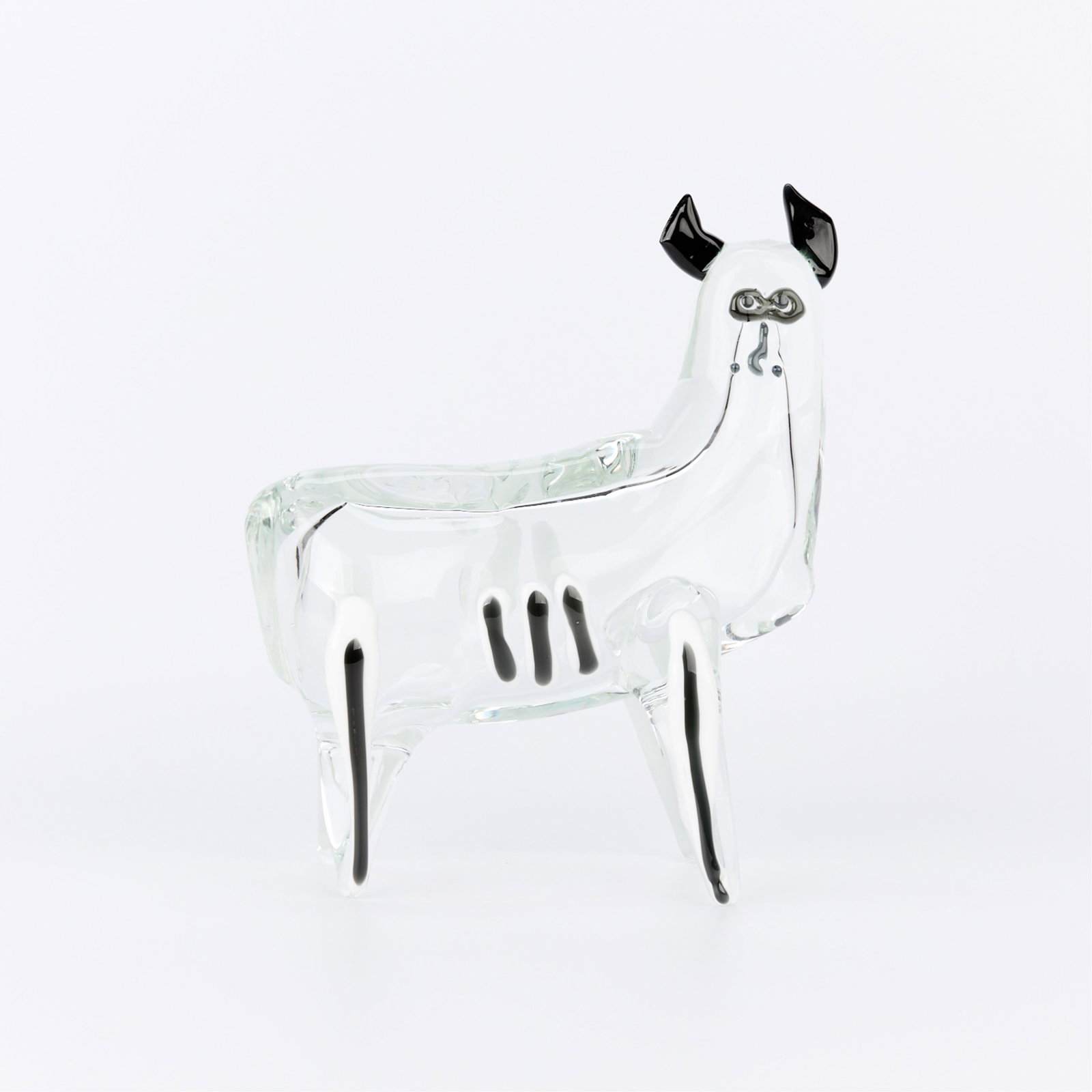 Attributed to Nason Murano Glass "Toro" Sculpture: Attributed to Ermanno Nason (Italian, 1928-2013). Hand-blown Murano glass sculpture in the form of a "toro" or bull figure, ca. 1970s. With applied black and white lattimo or milk glass desi