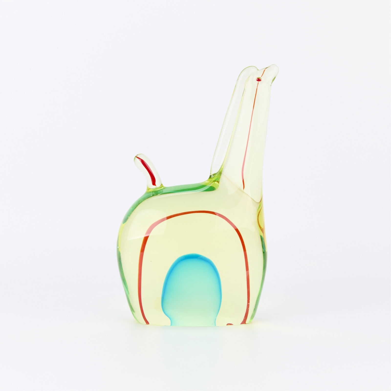 Da Ros for Cenedese Murano Sommerso Glass Bird: Antonio Da Ros (Italian, 20th century) for Cenedese, Italy. Hand-blown uranium Murano glass animal figure, possibly depicting a quail or other bird, mid-20th century. With suspended streaks of red and