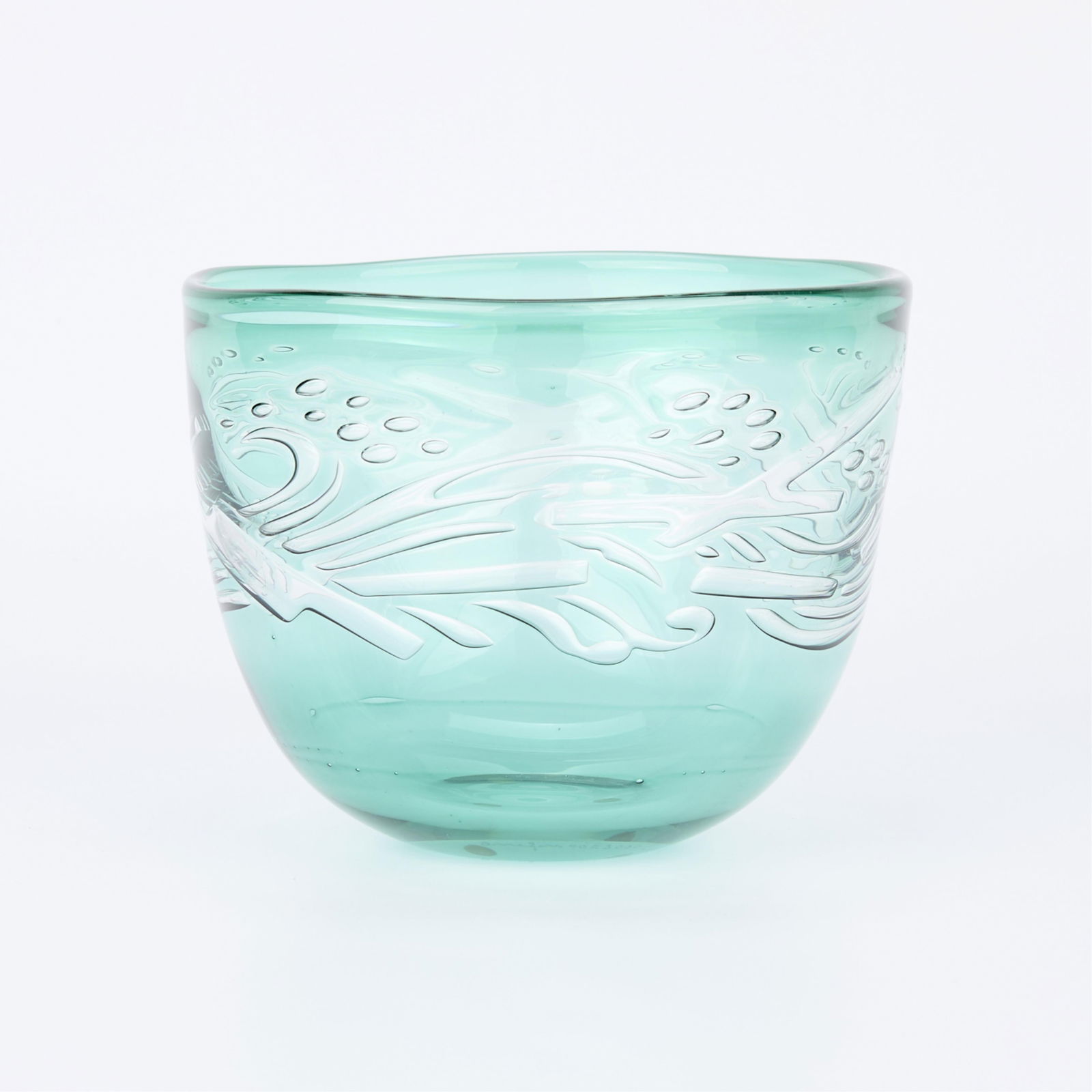 Englund for Orrefors Unique Ariel Glass Bowl: Eva Englund (Swedish, 1937-1998) for Orrefors, Sweden. Unique green glass bowl depicting an abstract geometric "rushing water" design, ca. 1970s. Crafted by Englund using the highly complex