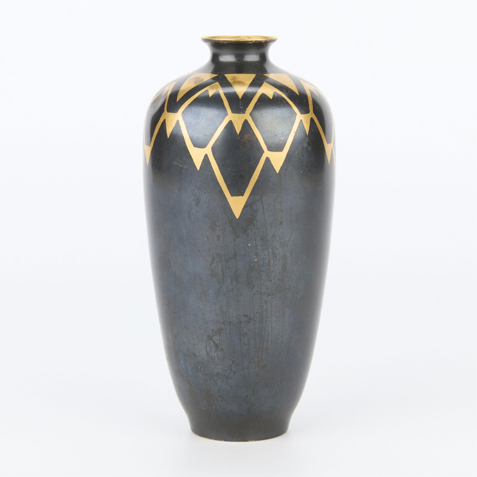 Small 20th c. Christofle Gilt Bronze Art Deco Vase: Christofle, France. Small Art Deco dinanderie or patinated and gilt bronze vase, early 20th century. With gilt geometric motifs and triangular forms along the upper third of the vase. Impressed "