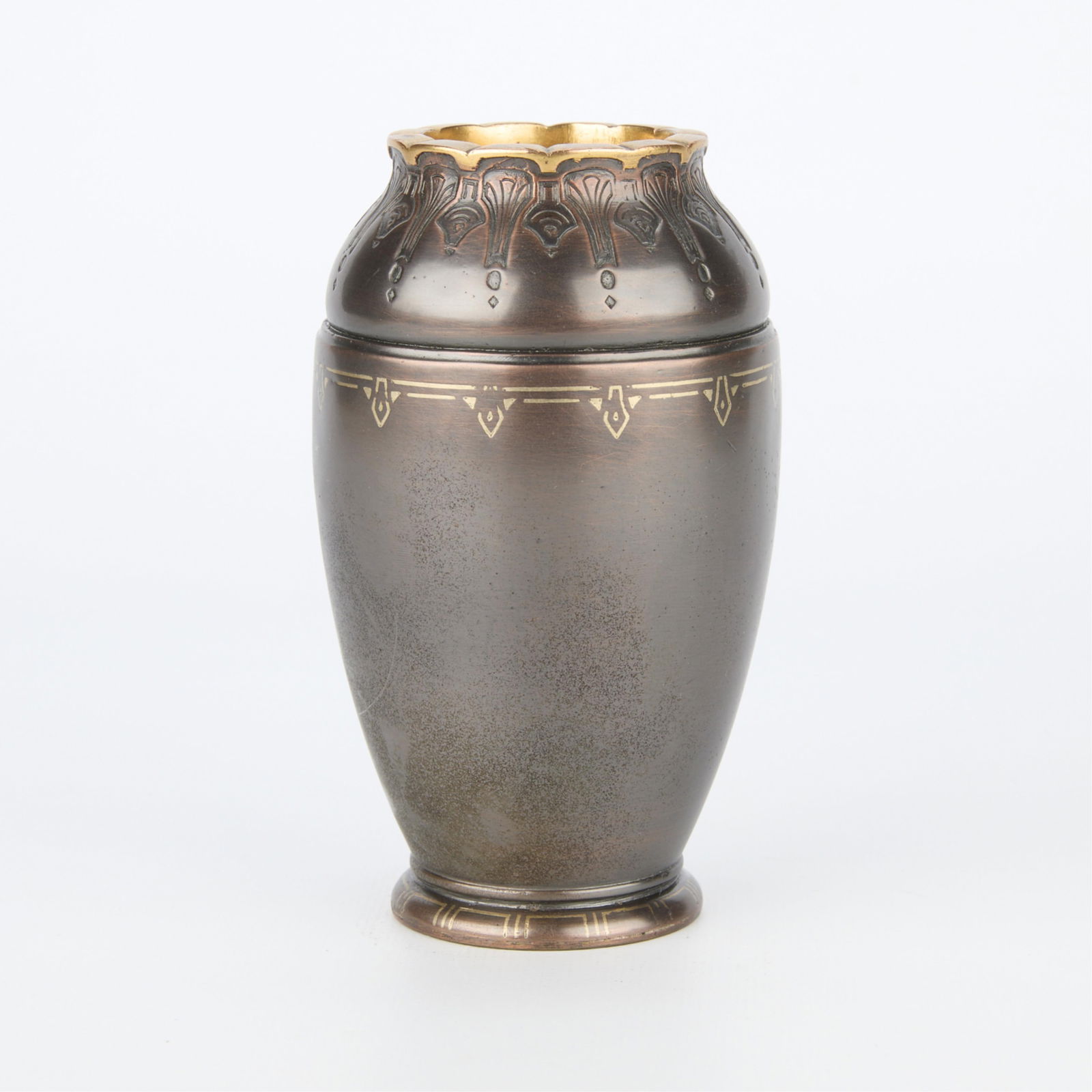20th c. Christofle Bronze Art Deco Dinanderie Vase: Christofle, France. Art Deco gilt bronze and urn-form dinanderie vase, early 20th century. With gilt along the interior and geometric motifs hammered in relief along the neck of the vase. Impressed &q