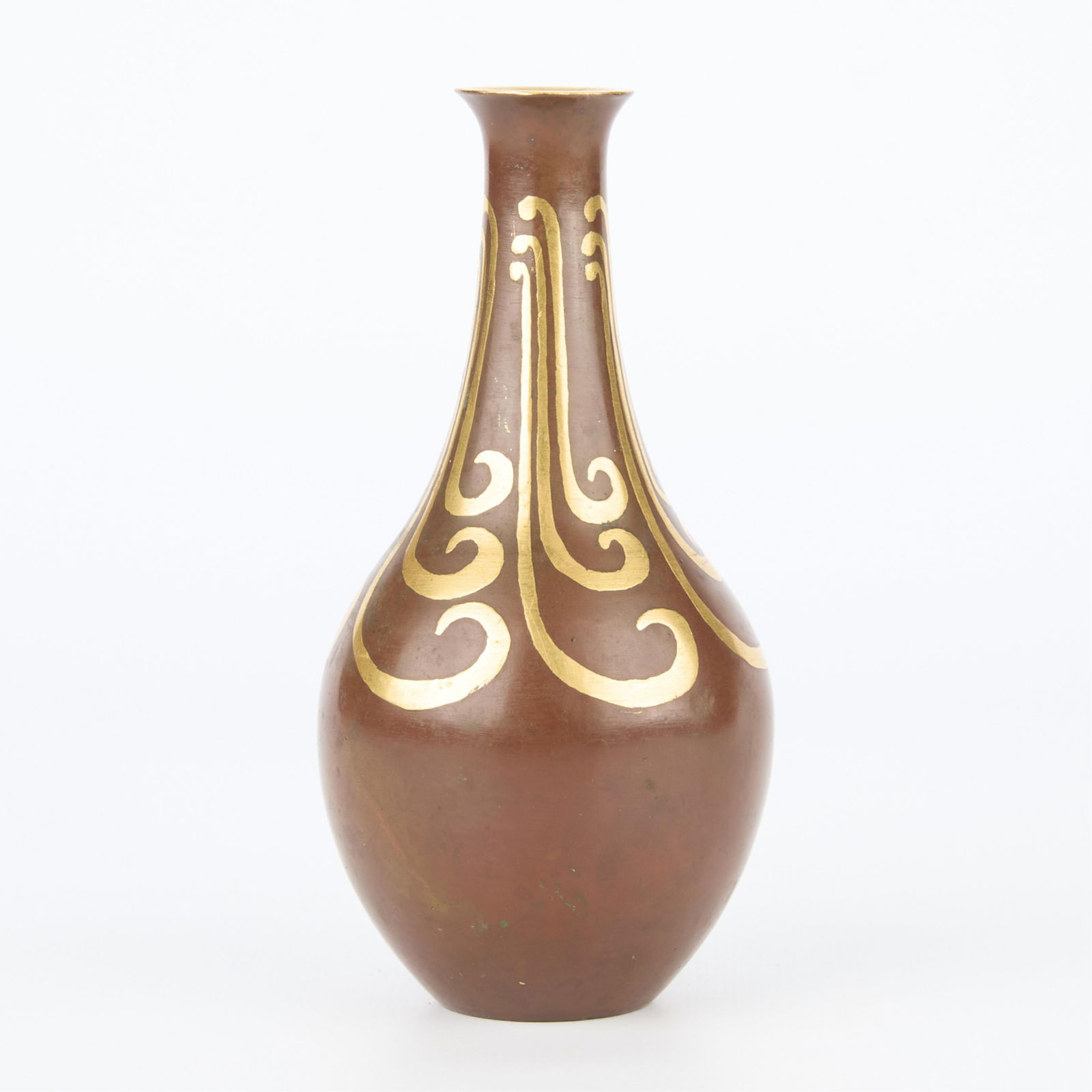 Lanel for Christofle Bronze Dinanderie Bottle Vase: Luc Lanel (French, 1893-1965) for Christofle, France. Art Deco patinated and gilt bronze dinanderie vase, early 20th century. The vase is of bottle form featuring a cylindrical neck stemming from a bu