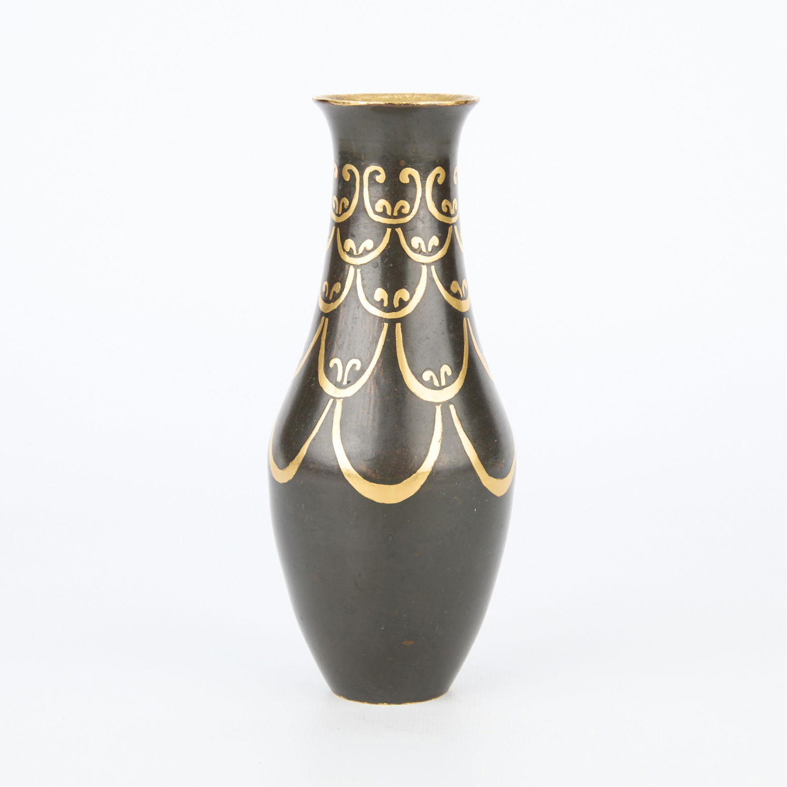 20th c. Christofle Gilt Bronze Dinanderie Vase: Possibly Auguste Delaherche (French, 1857-1940) for Christofle, France. With gilt scrollwork or arabesque motifs along the length of the neck. Impressed "Christofle," maker's mark, and numbe