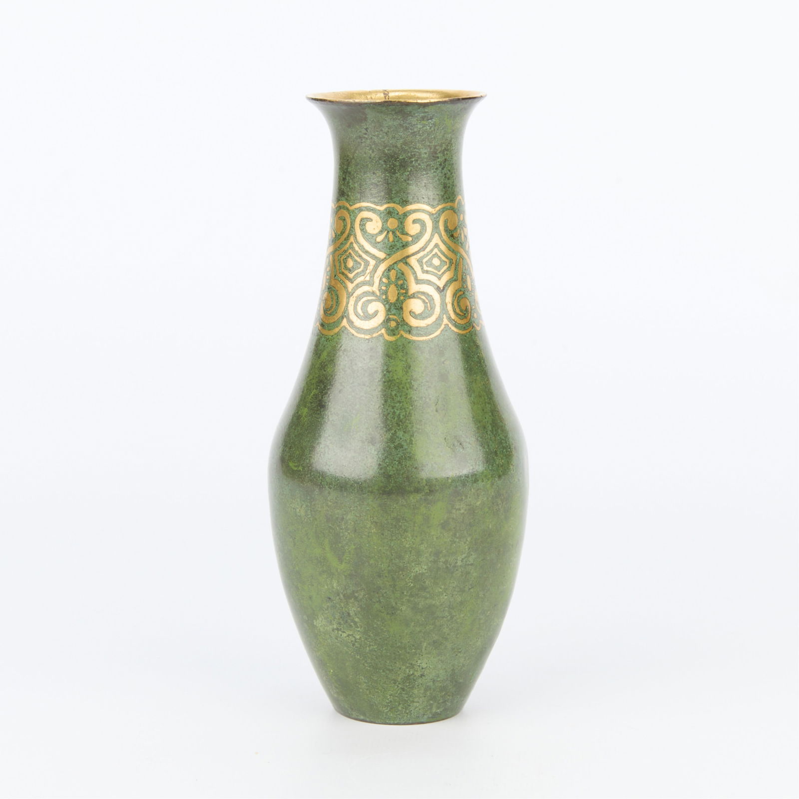 Small 20th c. Christofle Bronze Bottle Vase: Christofle, France. Small Art Deco patinated and gilt bronze bottle-form dinanderie vase, early 20th century. With gilt foliate motifs along the neck of the vase and a lovely verdigris patina througho