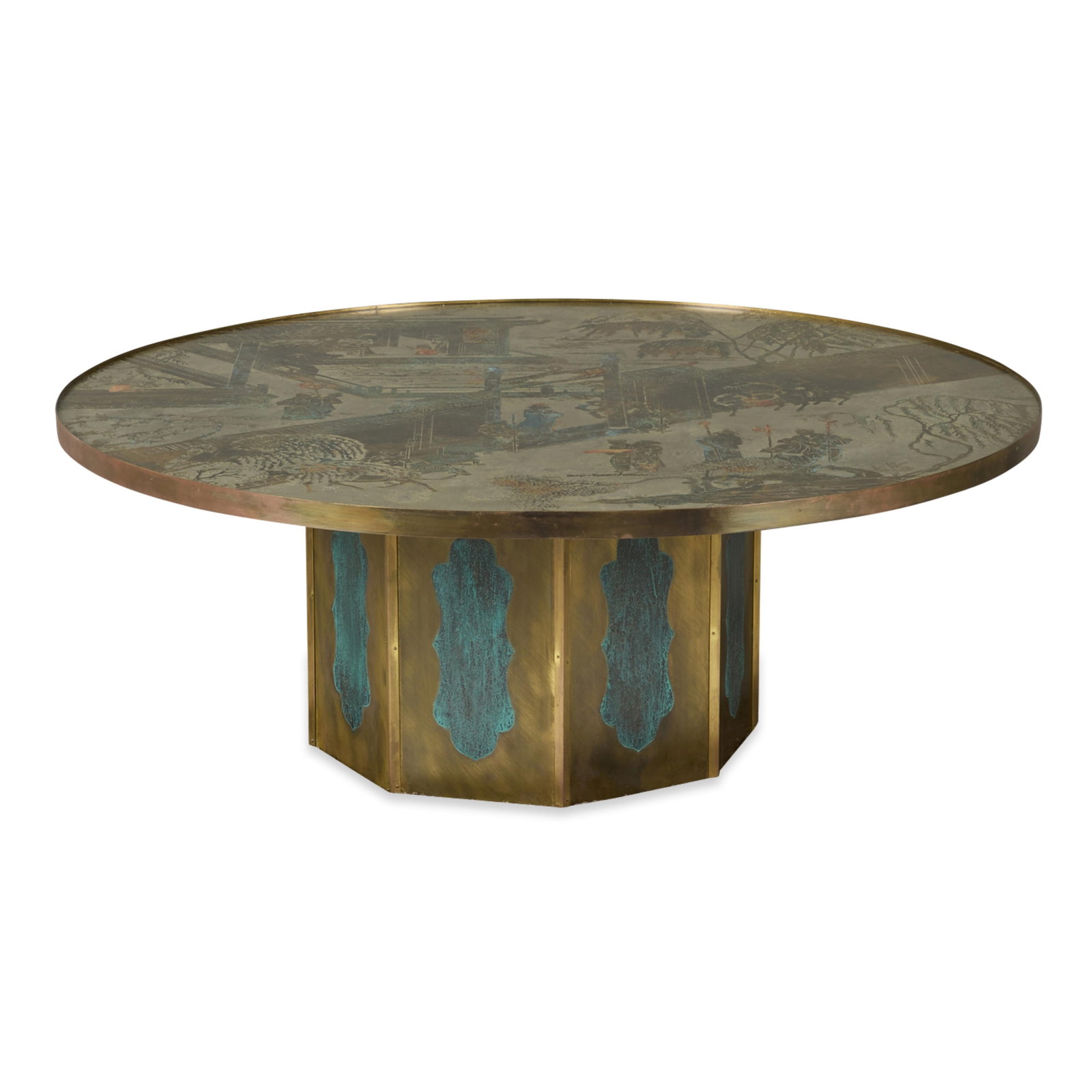 Philip & Kelvin LaVerne "Chan" #142 Coffee Table: Philip LaVerne (Amercan, 1907-1987) and Kelvin LaVerne (American, b. 1937). Acid-etched patinated bronze, enamel, and pewter model "#142" coffee or cocktail table from the LaVerne's iconic &