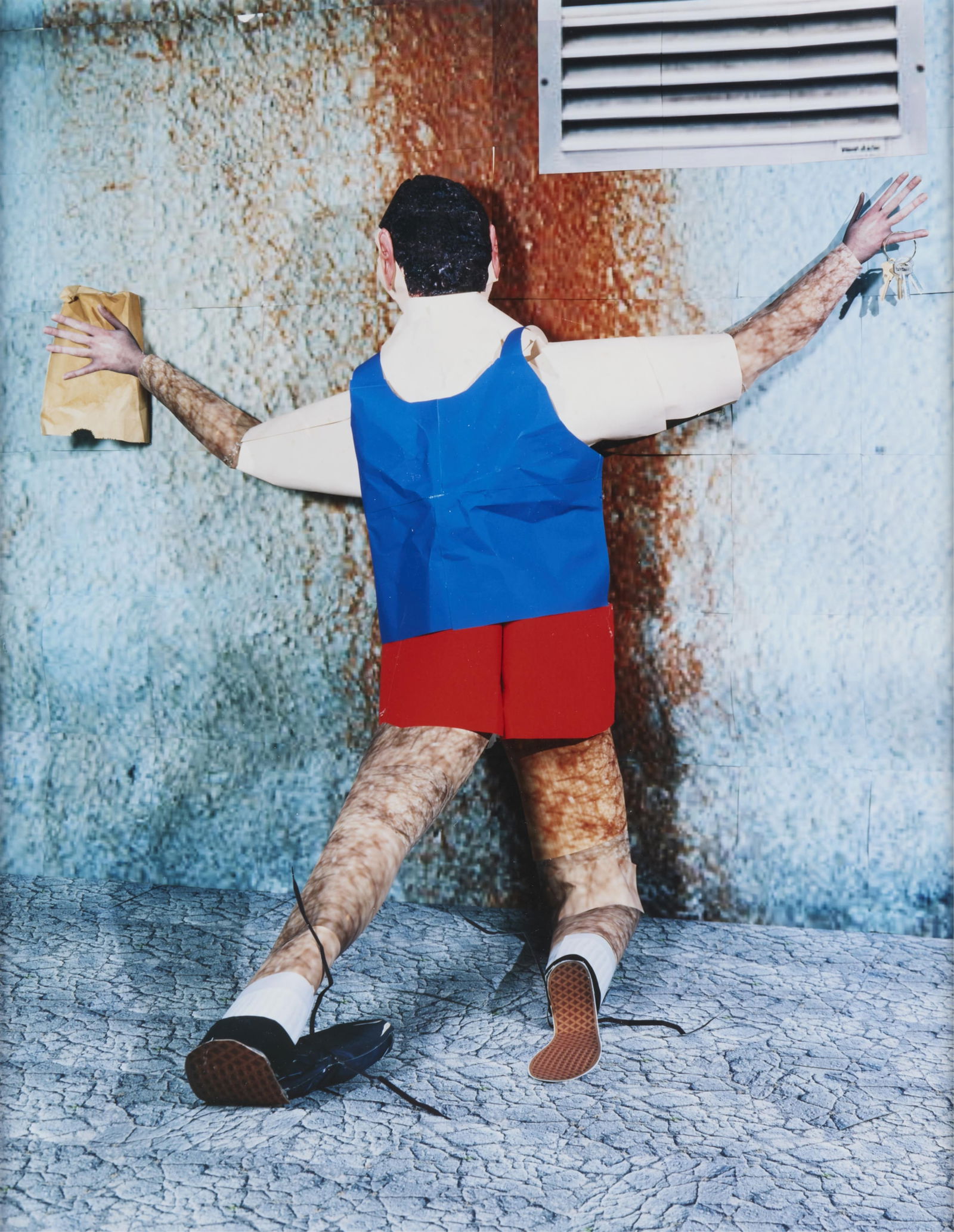 Daniel Gordon "Untitled (Man-Wall)" C-Print 2006: Daniel Gordon (American, b. 1980). C-print photograph titled "Untitled (Man-Wall)" depicting a collage of a man tripping towards a wall, 2006. With a Zach Feuer Gallery (LFL), New York, labe