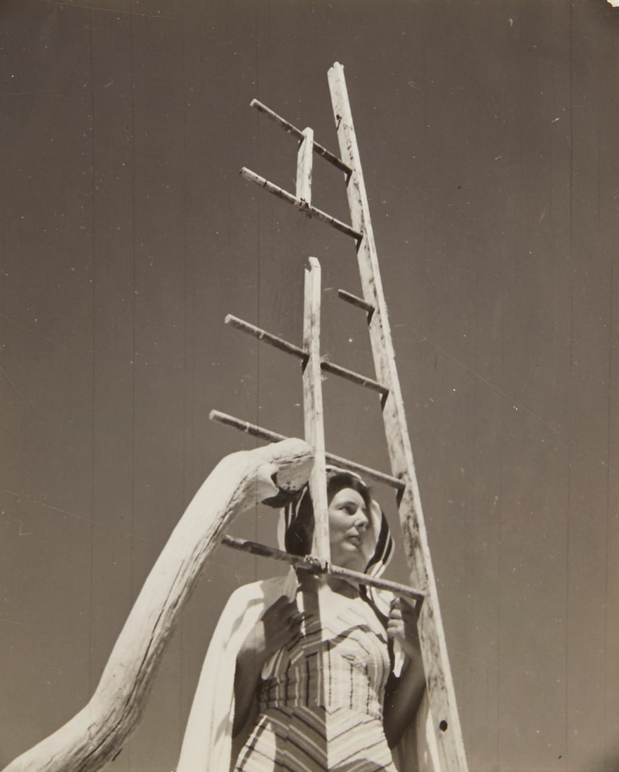 George Platt Lynes GSP of Margaret French 1941: George Platt Lynes (American, 1907-1955). Gelatin silver print photograph titled "Margaret French, Fire Island c. 1941," depicting Margaret Hoening French (American, 1889-1973) in a striped