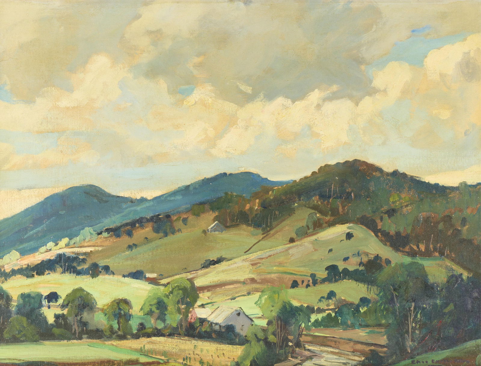 Charles Curtis Allen "Summer Clouds" Painting: Charles Curtis Allen (American, 1886-1950). Oil on board painting titled "Summer Clouds" depicting a peaceful verdant landscape with large clouds on the horizon. Signed along the lower right