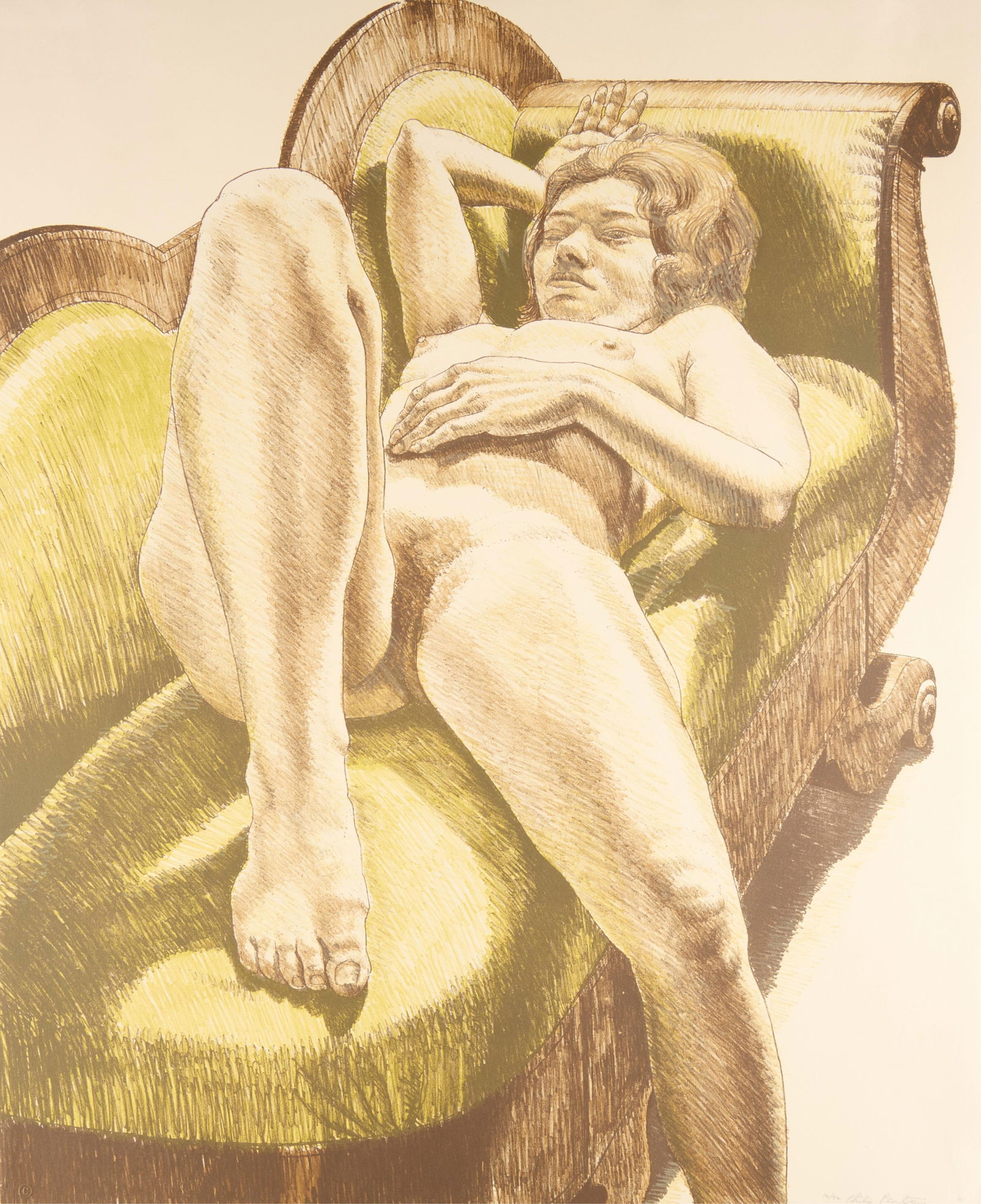 Philip Pearlstein "Reclining Nude..." Print 1971: Philip Pearlstein (American, 1924-2022). Lithograph on paper titled "Reclining Nude on Green Couch" depicting a nude woman draped over a green chaise lounge, 1971. Pencil signed, dated, and