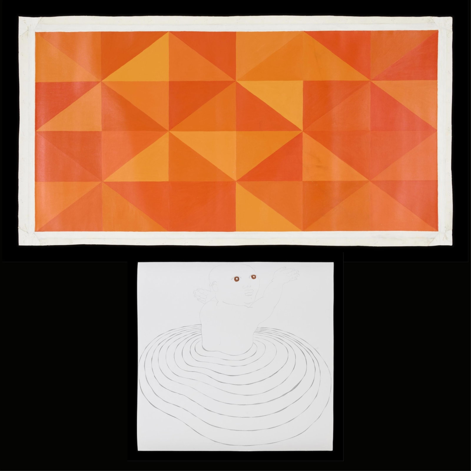 Pr Monica Giron "Nacer Igual - Naranja" Artworks: Monica Giron (Argentine, b. 1959). Pair of artworks titled "Nacer Igual - Naranja" including: One orange geometric oil on canvas painting. Signed, titled, and dated 2002 along the verso. One